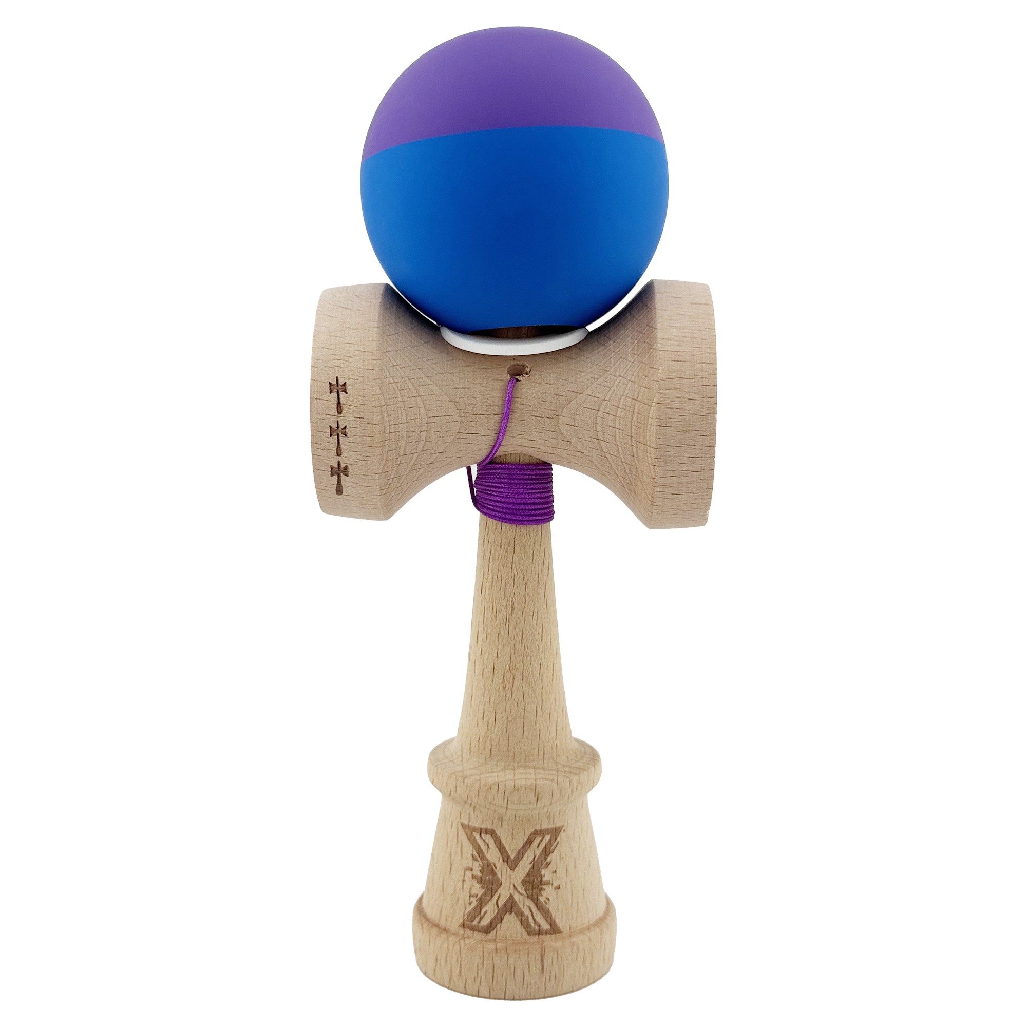 Kendama X Originala, Profesionala, Flippy, Rubber Grip, Cupe Mari KING SIZE V3, Gaura in Baza, Rulment Metalic, din lemn 18 cm, Ata 62/65 cm, Bicolor Mov/Albastru