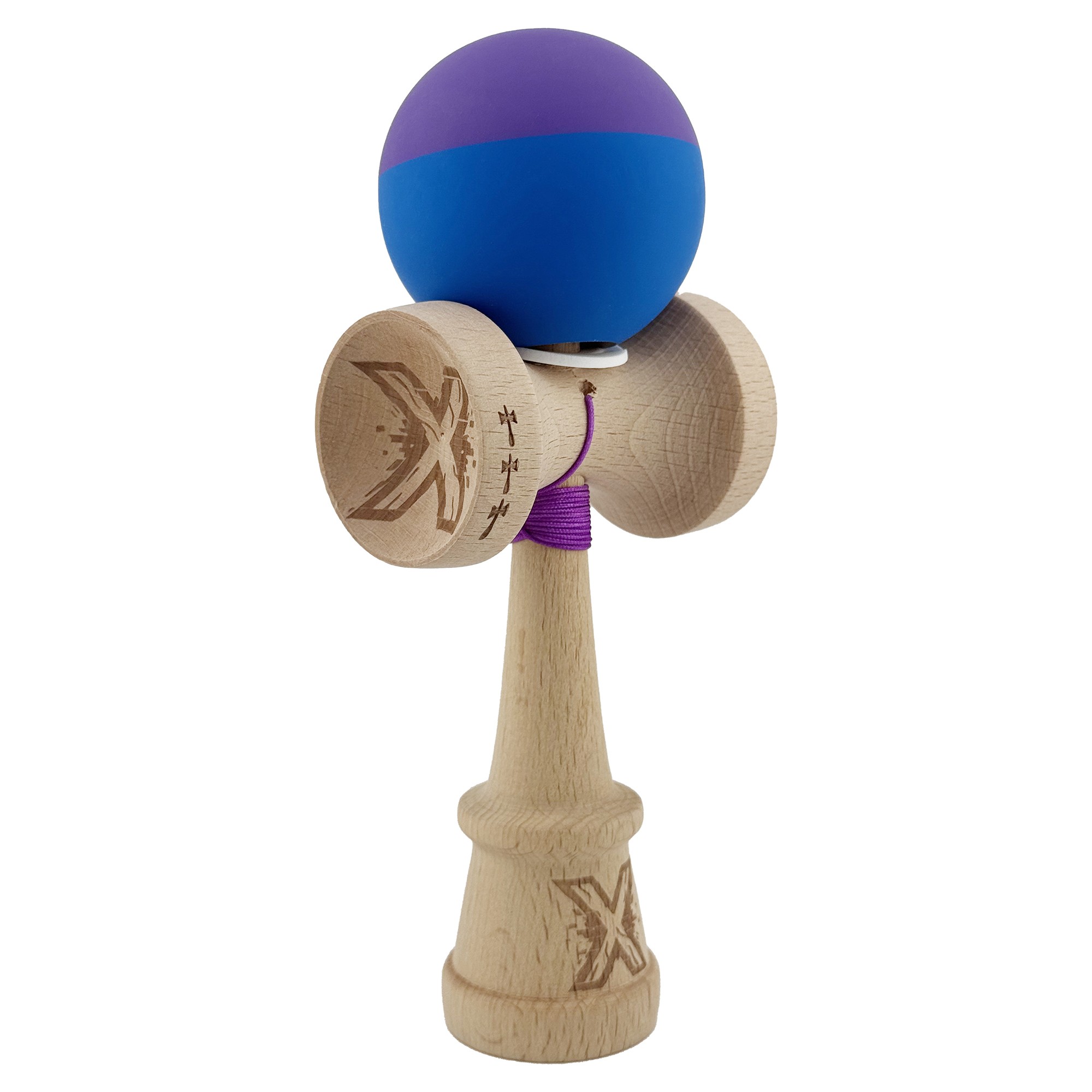 Kendama X Originala, Profesionala, Flippy, Rubber Grip, Cupe Mari KING SIZE V3, Gaura in Baza, Rulment Metalic, din lemn 18 cm, Ata 62/65 cm, Bicolor Mov/Albastru