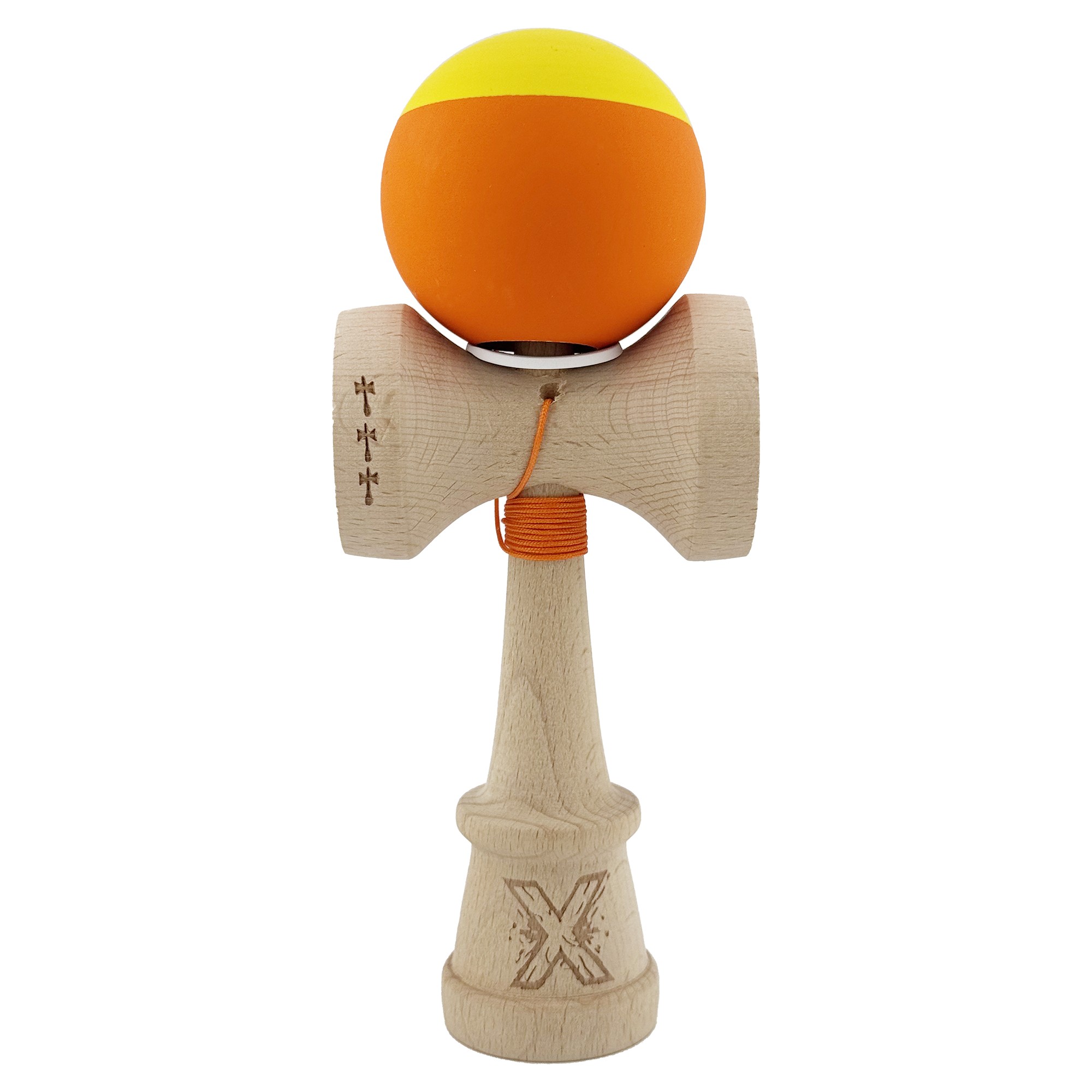 Kendama X Originala, Profesionala, Flippy, Rubber Grip, Cupe Mari KING SIZE V3, Gaura in Baza, Rulment Metalic, din lemn 18 cm, Ata 62/65 cm, Bicolor Galben/Portocaliu