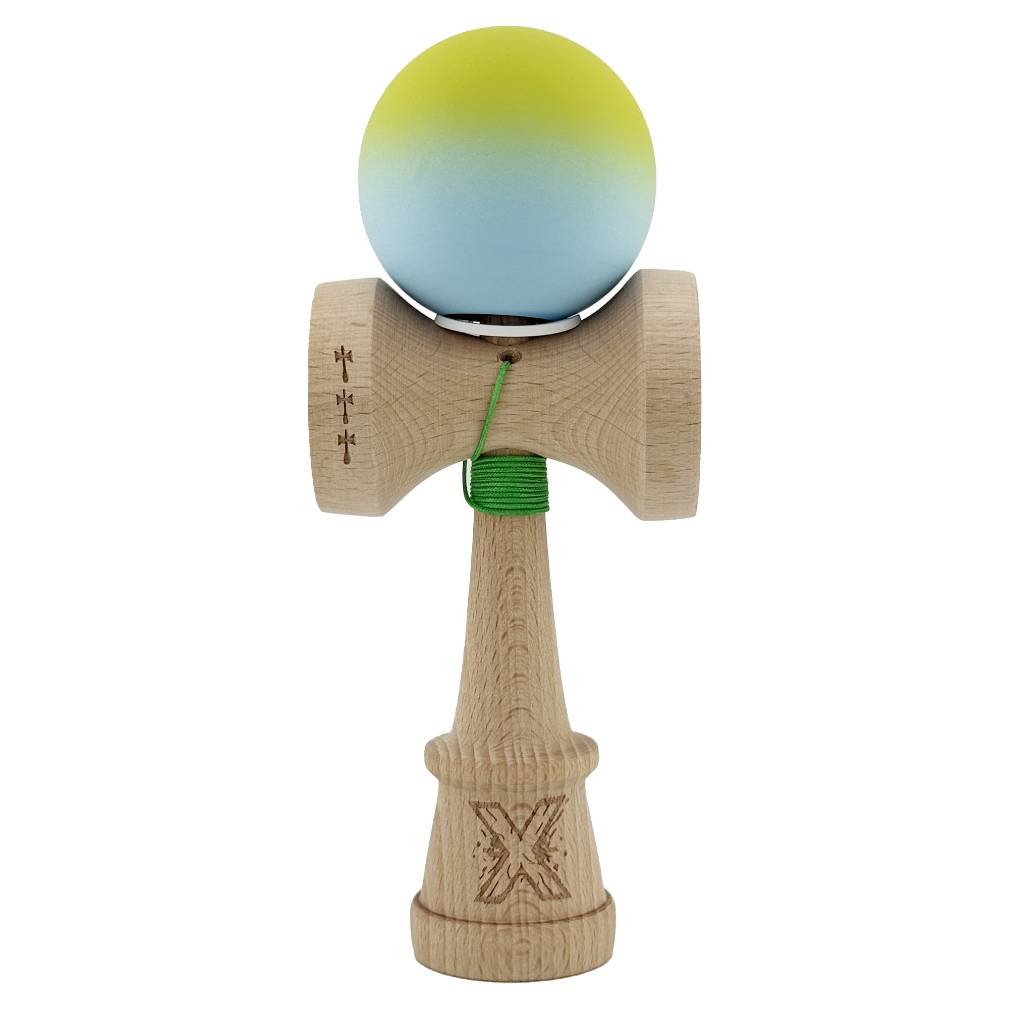 Kendama X Originala, Profesionala, Flippy, Rubber Grip, Cupe Mari KING SIZE V3, Gaura in Baza, Rulment Metalic, din lemn 18 cm, Ata 62/65 cm, Gradient Galben/Albastru