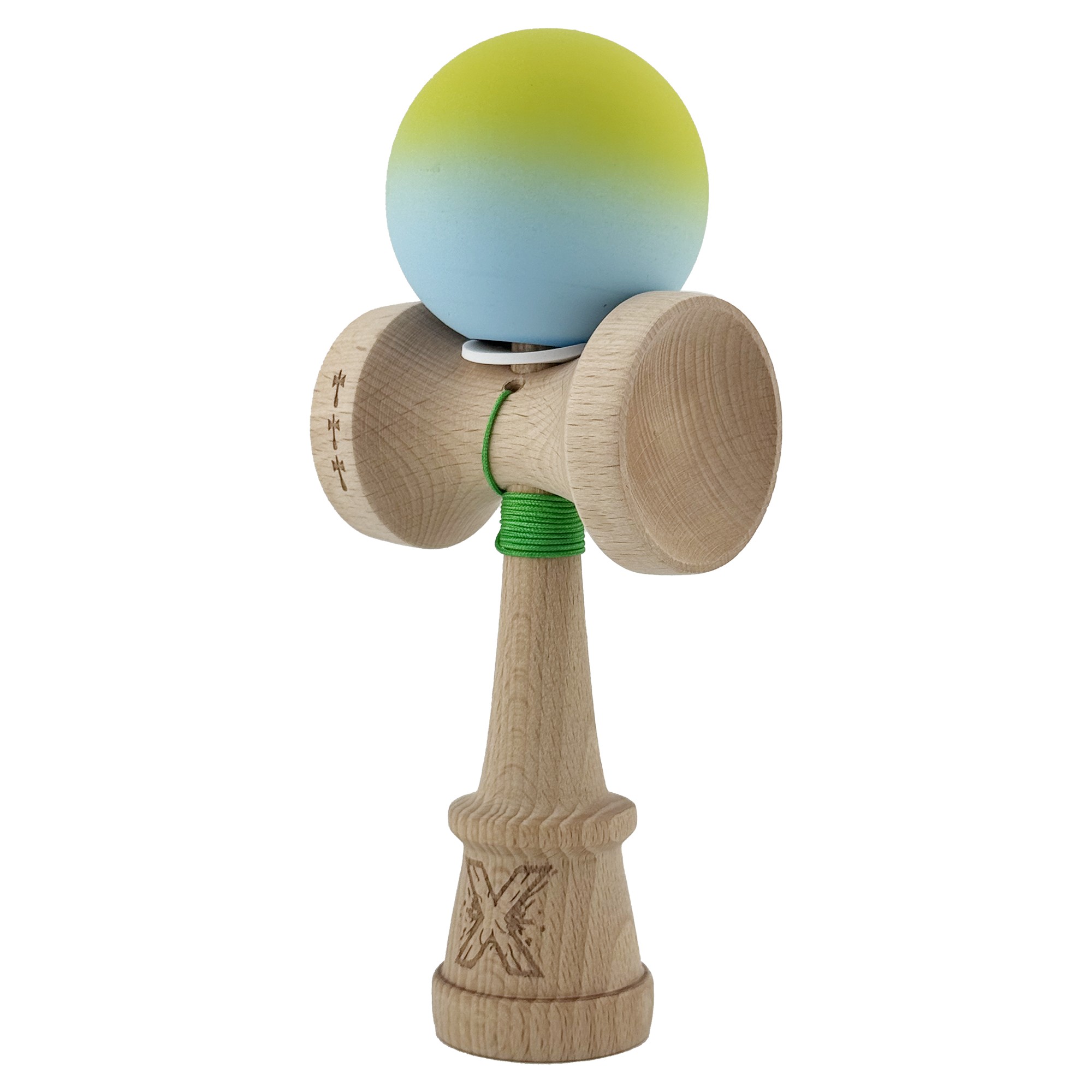 Kendama X Originala, Profesionala, Flippy, Rubber Grip, Cupe Mari KING SIZE V3, Gaura in Baza, Rulment Metalic, din lemn 18 cm, Ata 62/65 cm, Gradient Galben/Albastru
