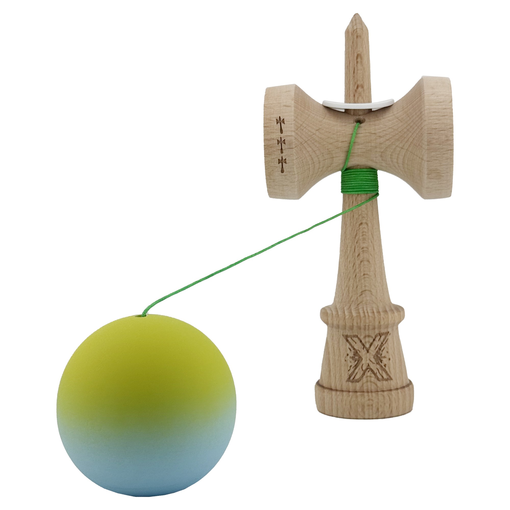 Kendama X Originala, Profesionala, Flippy, Rubber Grip, Cupe Mari KING SIZE V3, Gaura in Baza, Rulment Metalic, din lemn 18 cm, Ata 62/65 cm, Gradient Galben/Albastru
