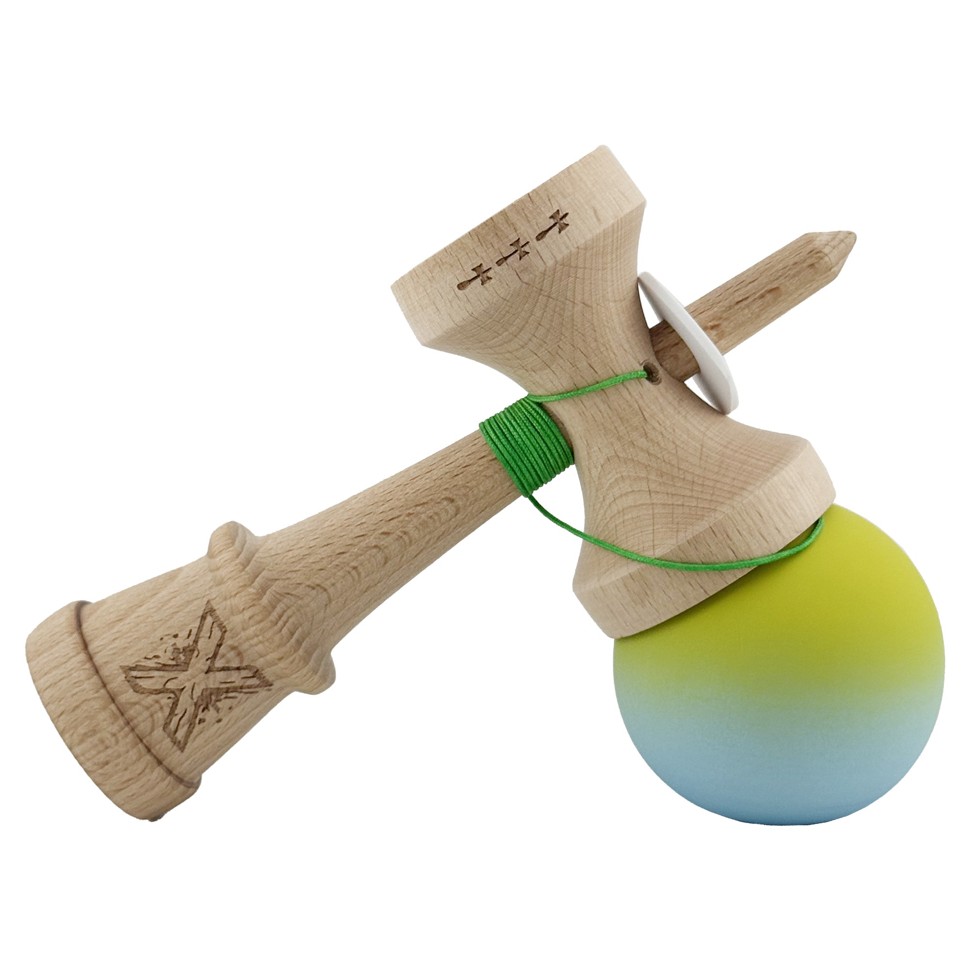 Kendama X Originala, Profesionala, Flippy, Rubber Grip, Cupe Mari KING SIZE V3, Gaura in Baza, Rulment Metalic, din lemn 18 cm, Ata 62/65 cm, Gradient Galben/Albastru