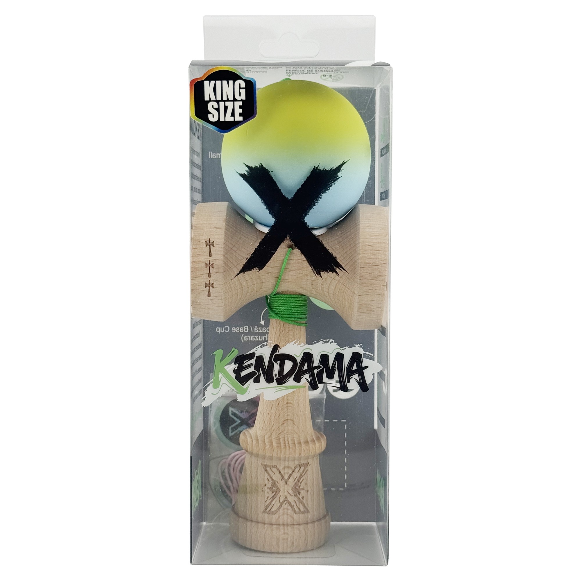 Kendama X Originala, Profesionala, Flippy, Rubber Grip, Cupe Mari KING SIZE V3, Gaura in Baza, Rulment Metalic, din lemn 18 cm, Ata 62/65 cm, Gradient Galben/Albastru