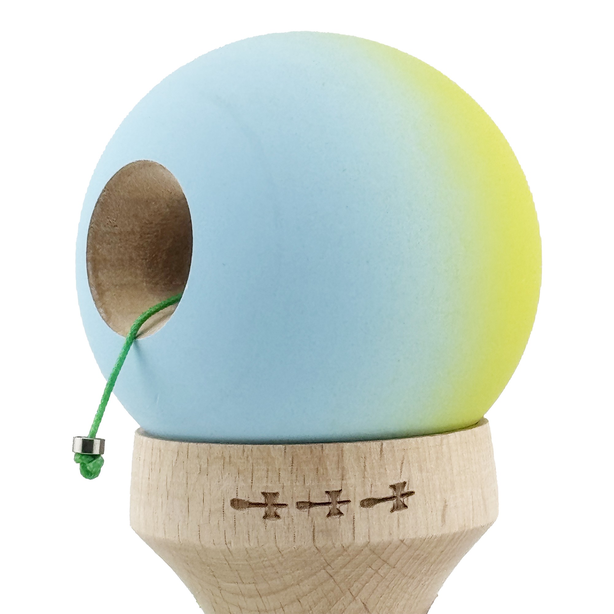 Kendama X Originala, Profesionala, Flippy, Rubber Grip, Cupe Mari KING SIZE V3, Gaura in Baza, Rulment Metalic, din lemn 18 cm, Ata 62/65 cm, Gradient Galben/Albastru