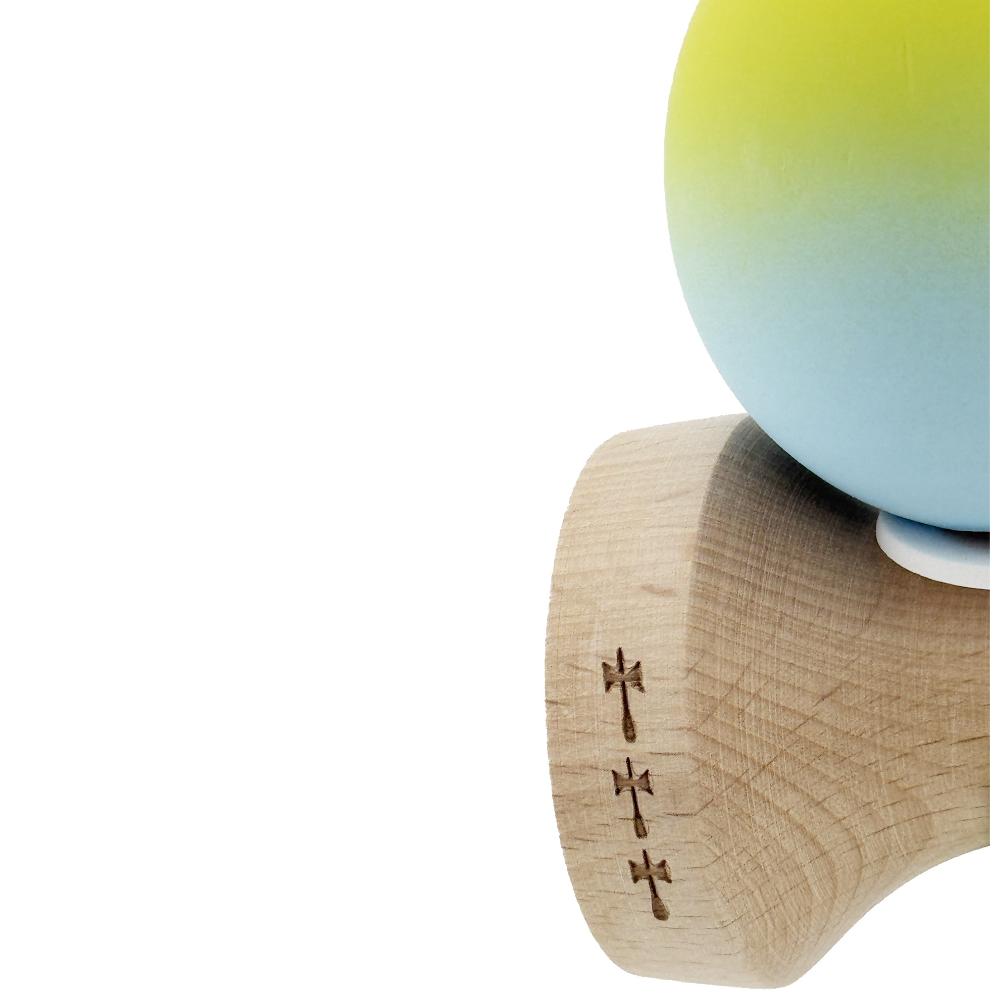 Kendama X Originala, Profesionala, Flippy, Rubber Grip, Cupe Mari KING SIZE V3, Gaura in Baza, Rulment Metalic, din lemn 18 cm, Ata 62/65 cm, Gradient Galben/Albastru