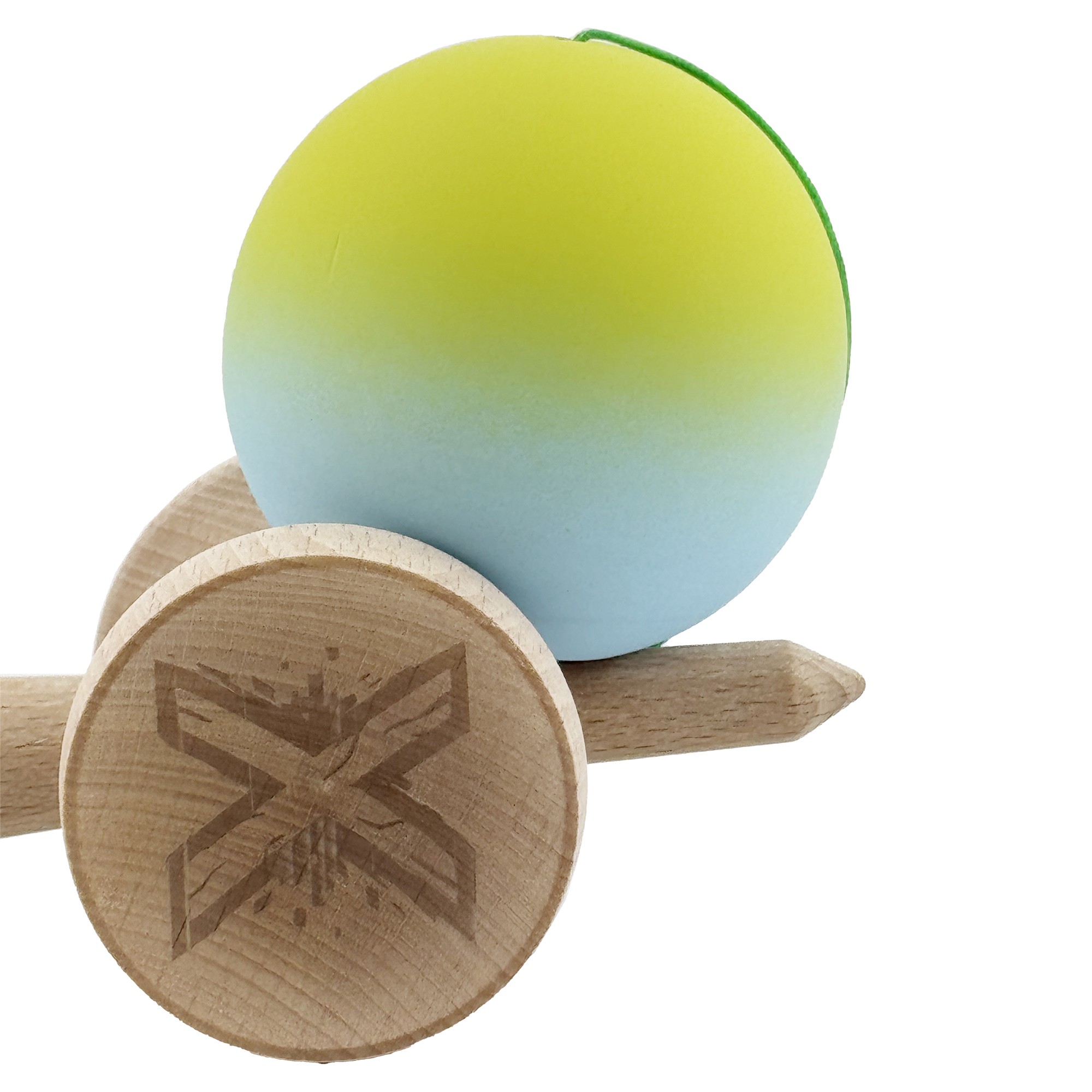 Kendama X Originala, Profesionala, Flippy, Rubber Grip, Cupe Mari KING SIZE V3, Gaura in Baza, Rulment Metalic, din lemn 18 cm, Ata 62/65 cm, Gradient Galben/Albastru