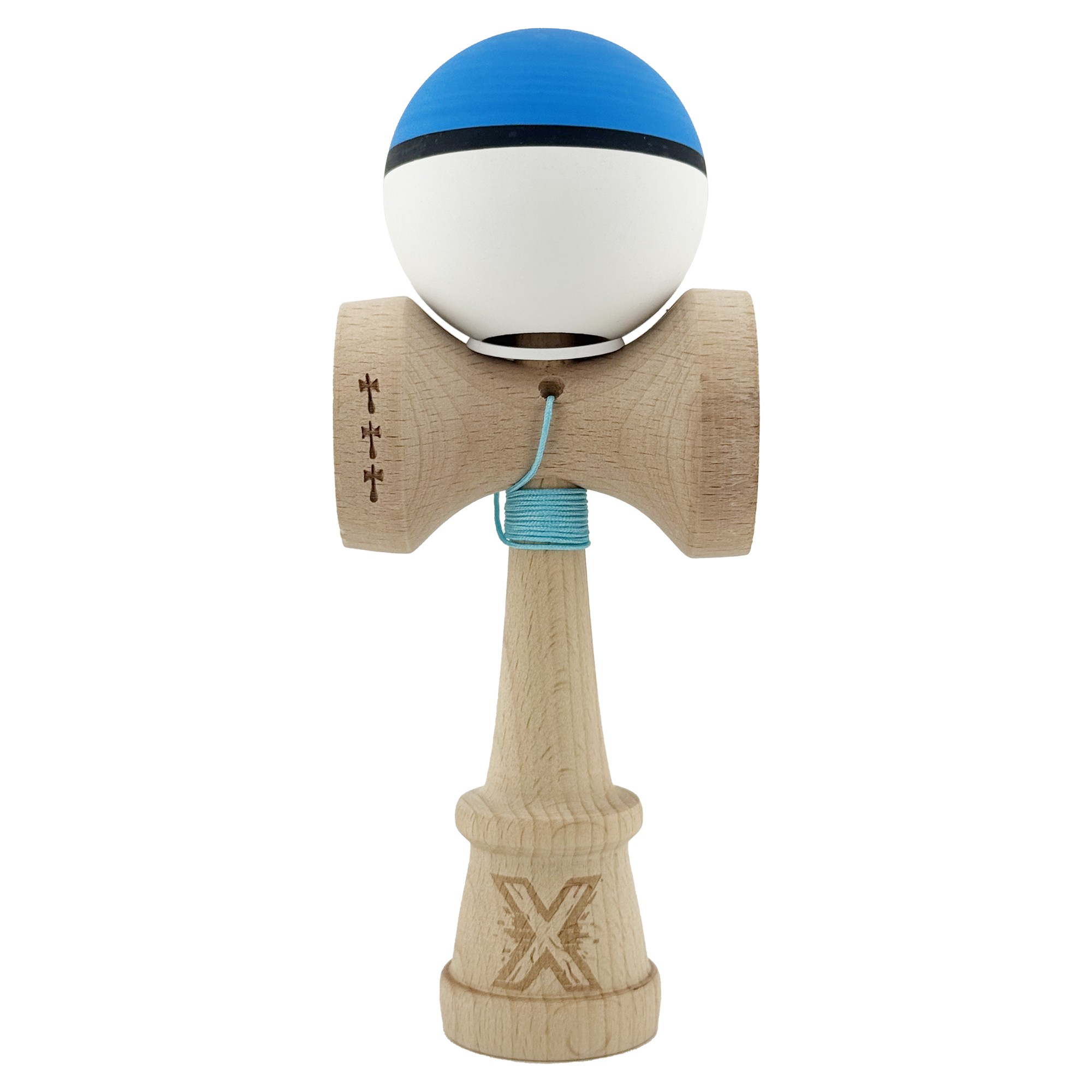 Kendama X Originala, Profesionala, Flippy, Cupe Mari KING SIZE V3, Rubber Grip, Gaura in Baza, Rulment Metalic, din lemn 18 cm, Ata 62/65 cm, S Bicolor Albastru/Alb