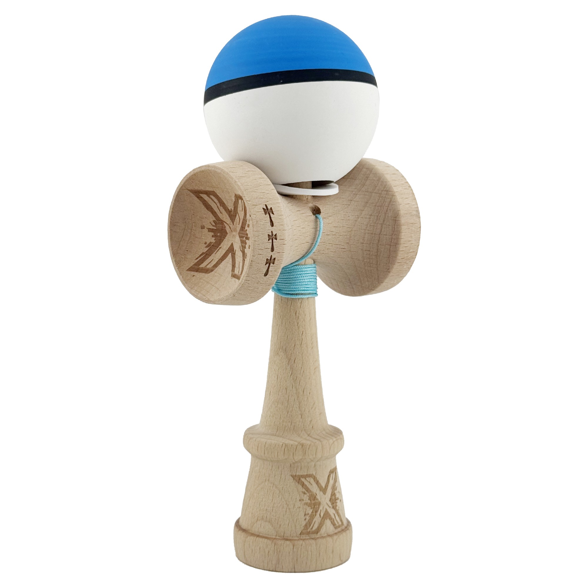 Kendama X Originala, Profesionala, Flippy, Cupe Mari KING SIZE V3, Rubber Grip, Gaura in Baza, Rulment Metalic, din lemn 18 cm, Ata 62/65 cm, S Bicolor Albastru/Alb
