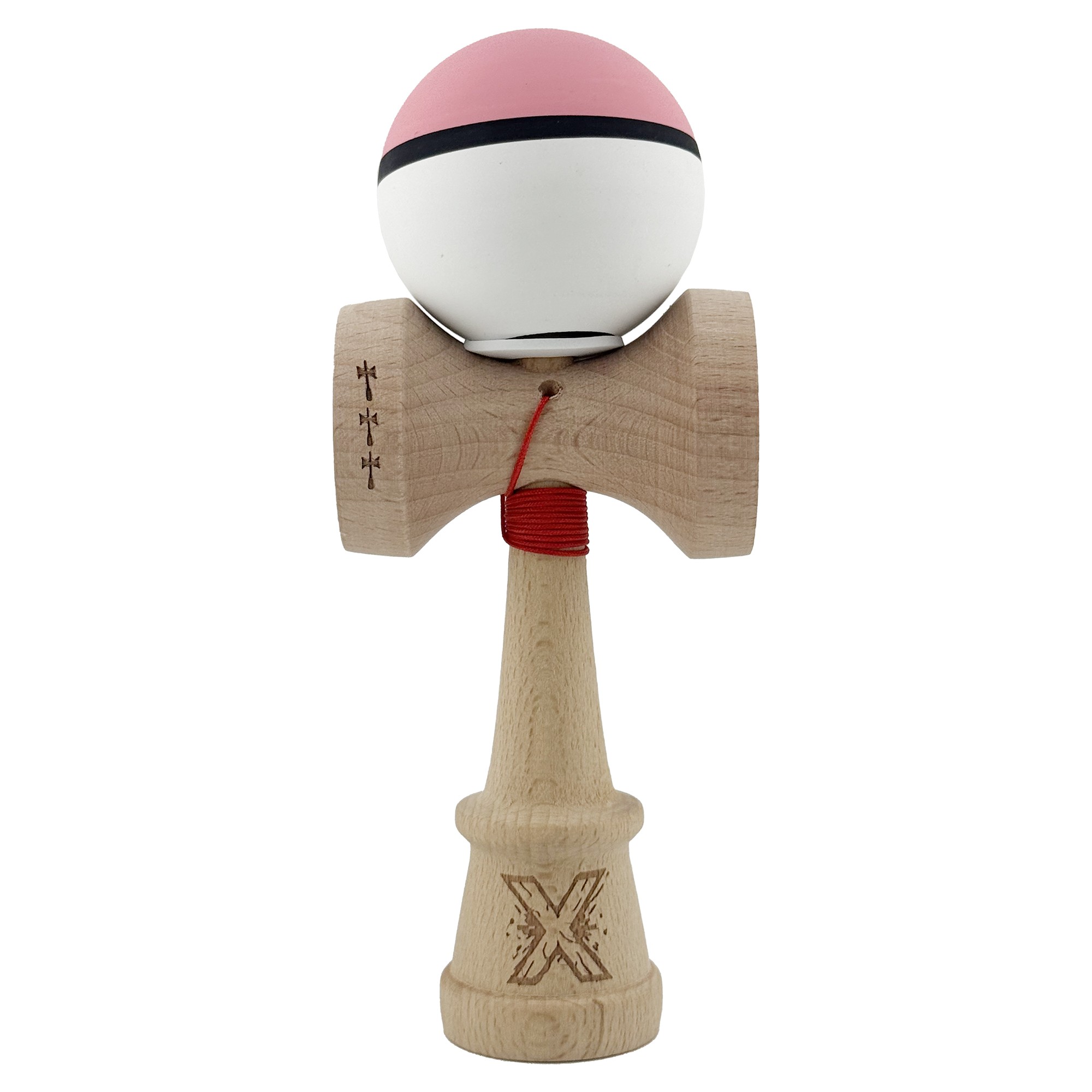 Kendama X Originala, Profesionala, Flippy, Cupe Mari KING SIZE V3, Rubber Grip, Gaura in Baza, Rulment Metalic, din lemn 18 cm, Ata 62/65 cm, S Bicolor Roz/Alb