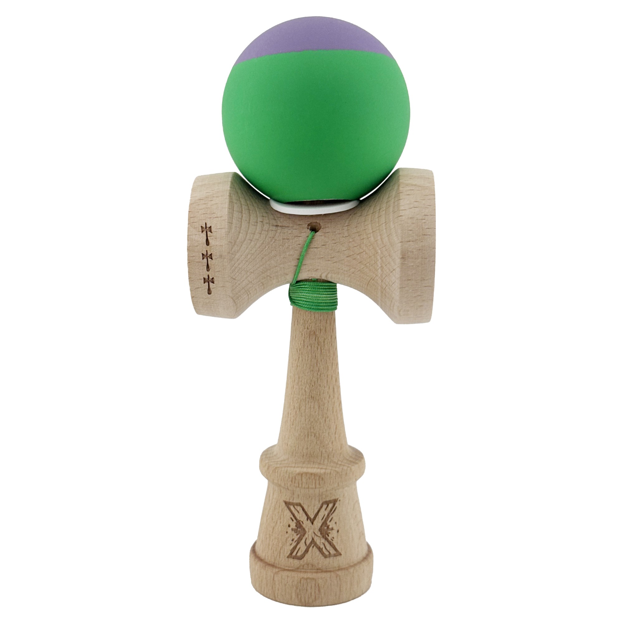 Kendama X Originala, Profesionala, Flippy, Rubber Grip, Cupe Mari KING SIZE V3, Gaura in Baza, Rulment Metalic, din lemn 18 cm, Ata 62/65 cm, Bicolor Mov/Verde