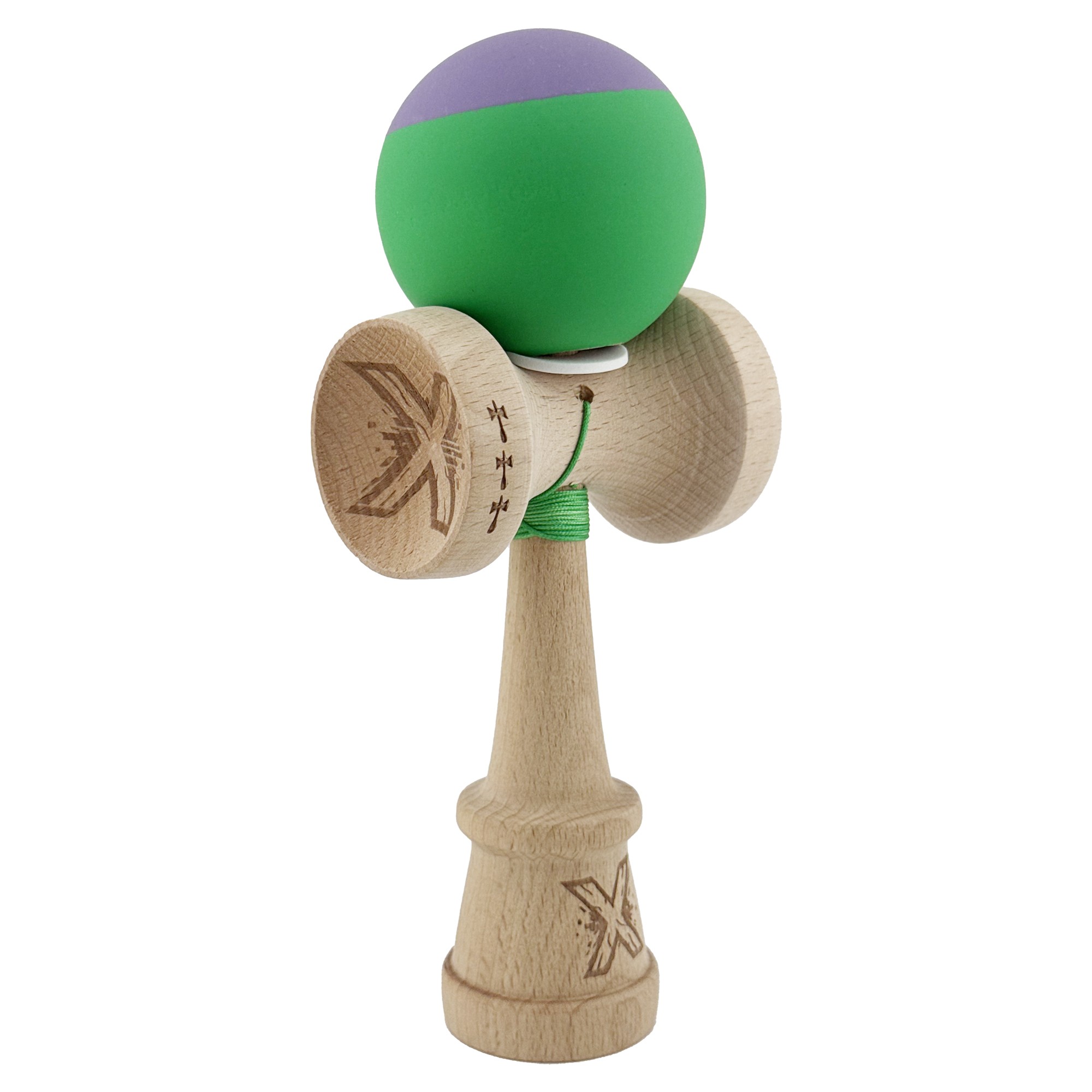Kendama X Originala, Profesionala, Flippy, Rubber Grip, Cupe Mari KING SIZE V3, Gaura in Baza, Rulment Metalic, din lemn 18 cm, Ata 62/65 cm, Bicolor Mov/Verde