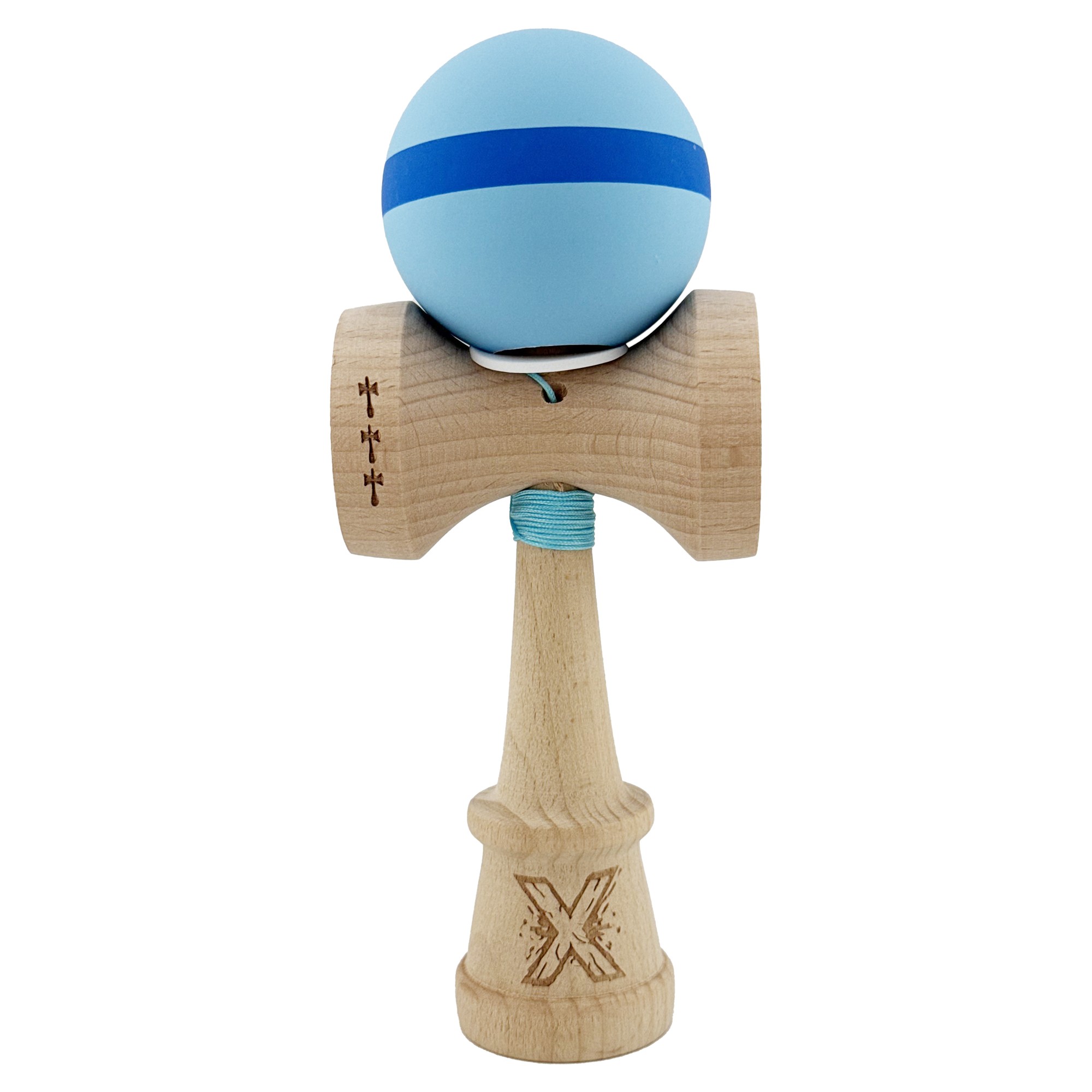 Kendama X Originala, Profesionala, Flippy, Cupe Mari KING SIZE V3, Rubber Grip, Gaura in Baza, Rulment Metalic, din lemn 18 cm, Ata 62/65 cm, M Bleu/Albastru/Bleu