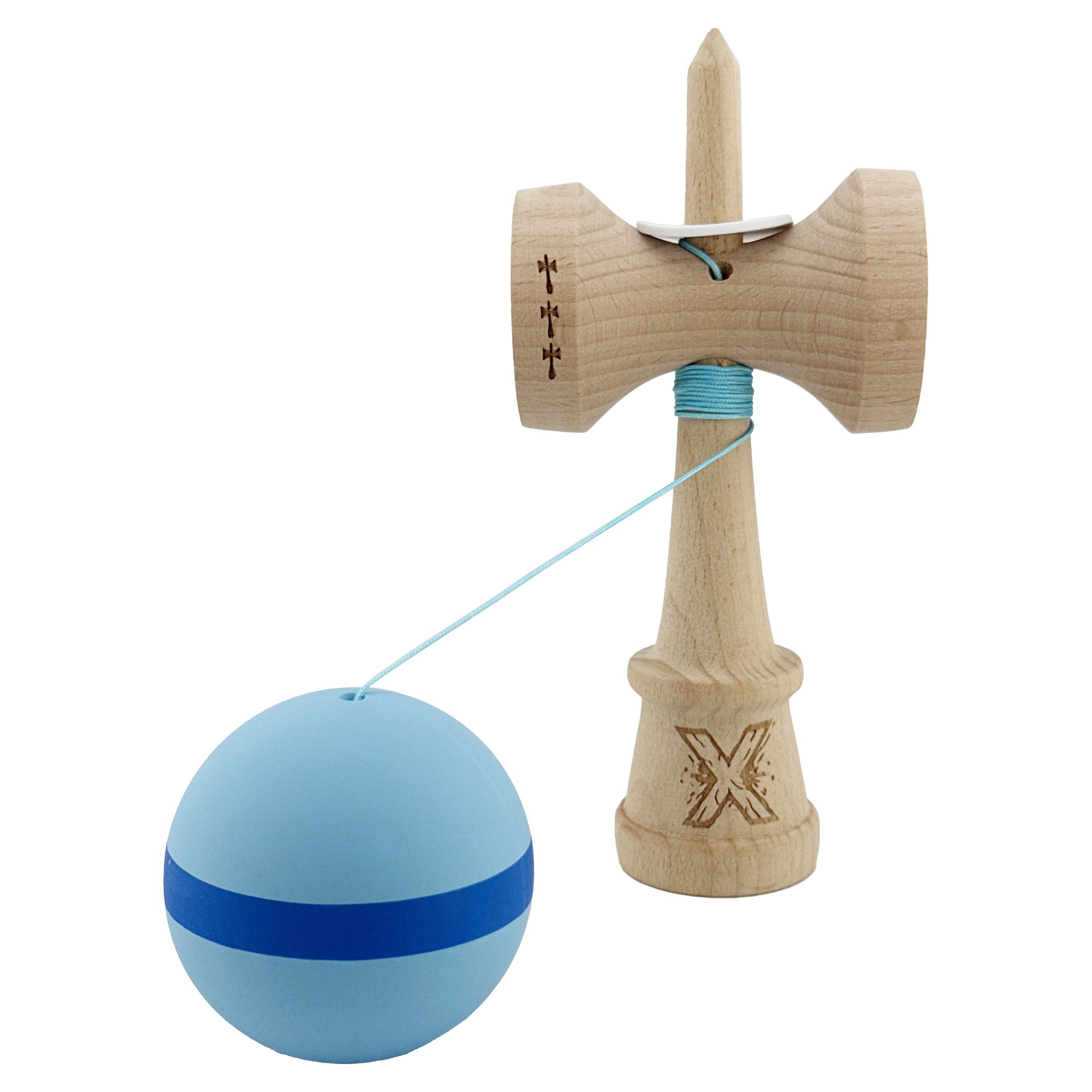 Kendama X Originala, Profesionala, Flippy, Cupe Mari KING SIZE V3, Rubber Grip, Gaura in Baza, Rulment Metalic, din lemn 18 cm, Ata 62/65 cm, M Bleu/Albastru/Bleu