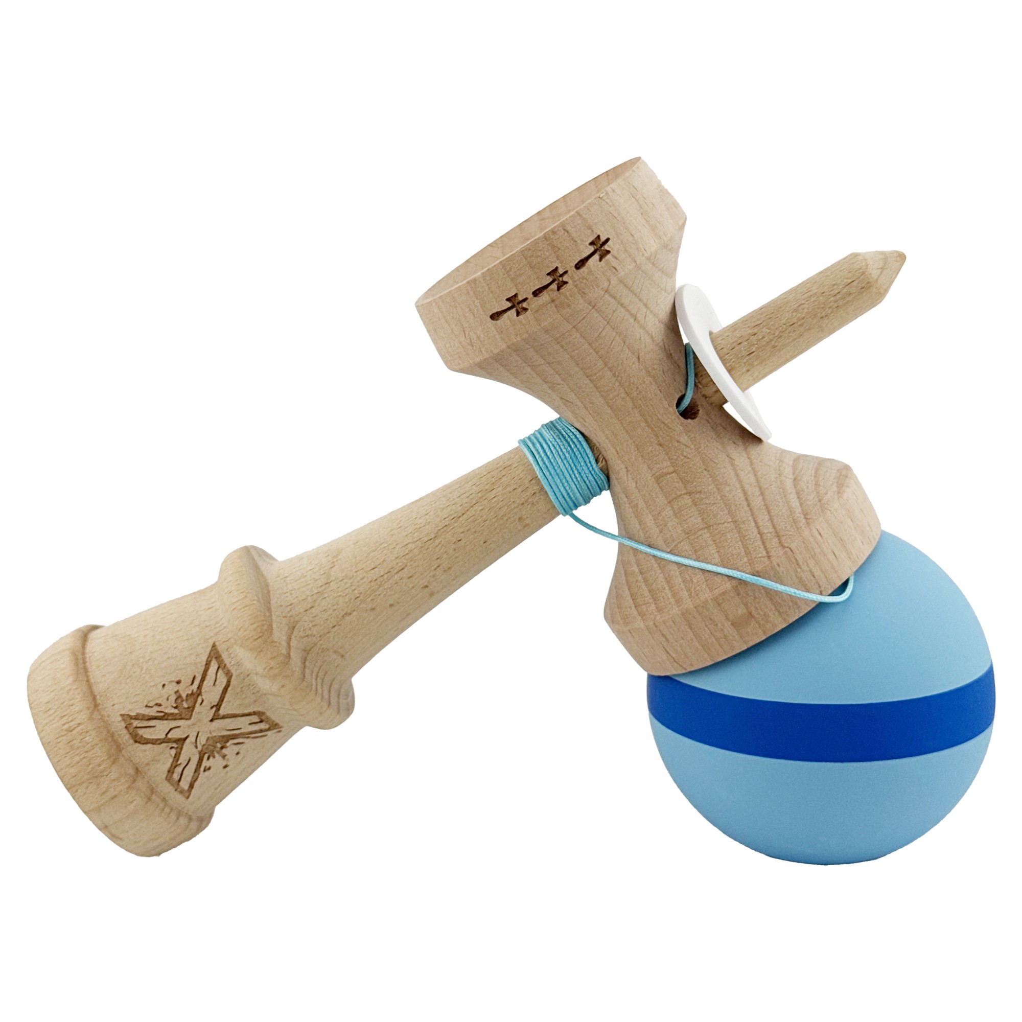 Kendama X Originala, Profesionala, Flippy, Cupe Mari KING SIZE V3, Rubber Grip, Gaura in Baza, Rulment Metalic, din lemn 18 cm, Ata 62/65 cm, M Bleu/Albastru/Bleu