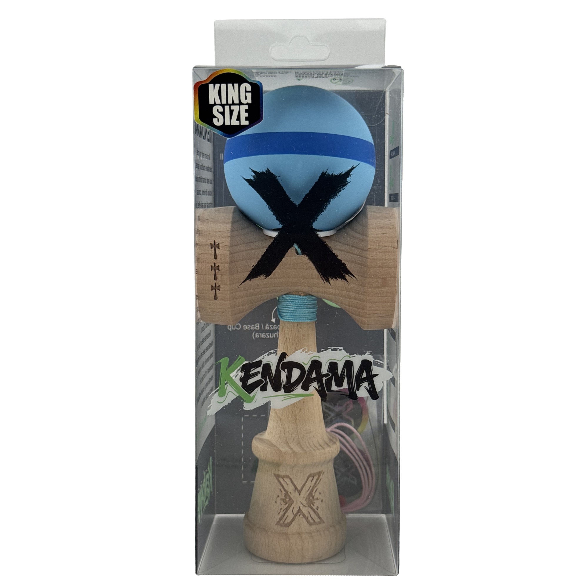 Kendama X Originala, Profesionala, Flippy, Cupe Mari KING SIZE V3, Rubber Grip, Gaura in Baza, Rulment Metalic, din lemn 18 cm, Ata 62/65 cm, M Bleu/Albastru/Bleu