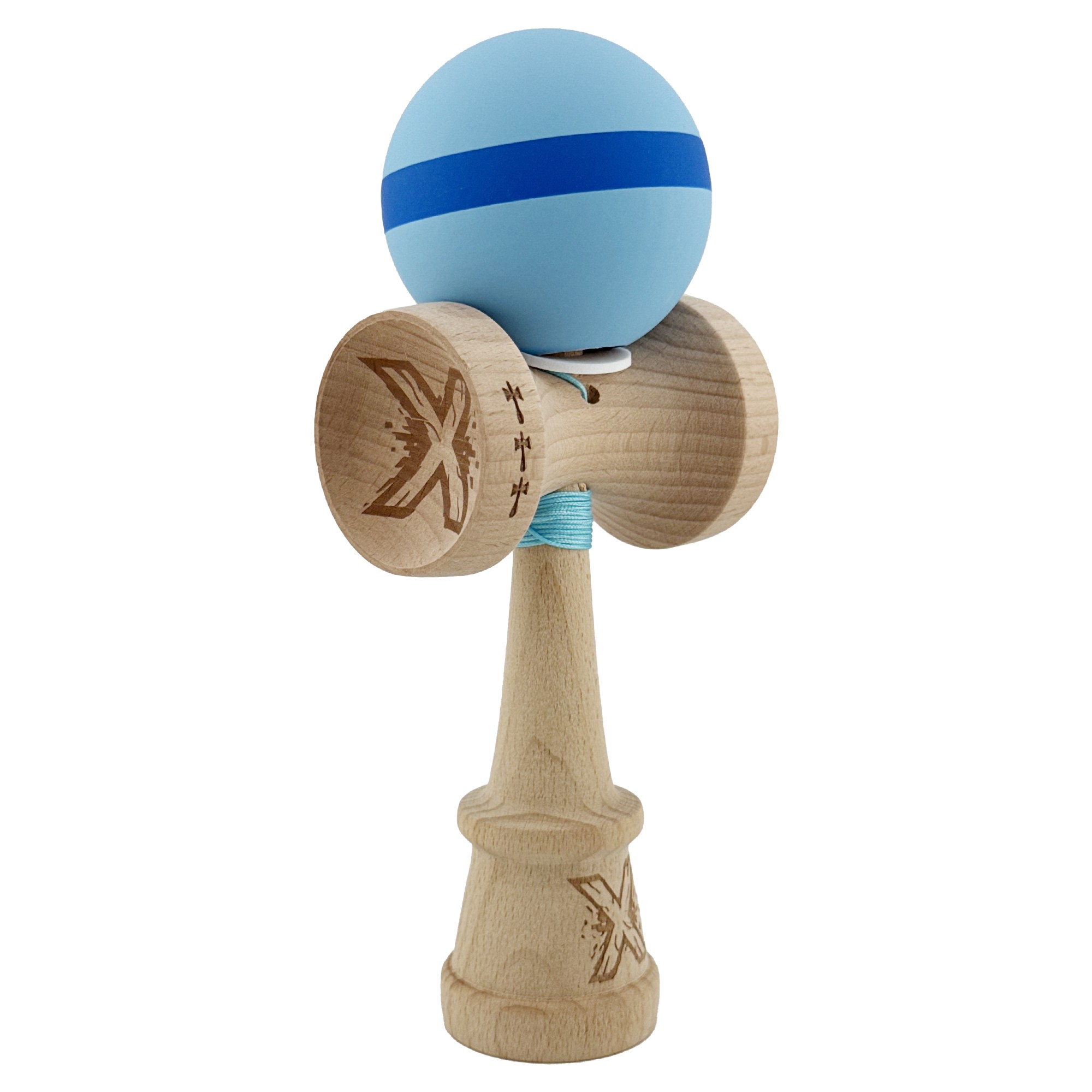 Kendama X Originala, Profesionala, Flippy, Cupe Mari KING SIZE V3, Rubber Grip, Gaura in Baza, Rulment Metalic, din lemn 18 cm, Ata 62/65 cm, M Bleu/Albastru/Bleu