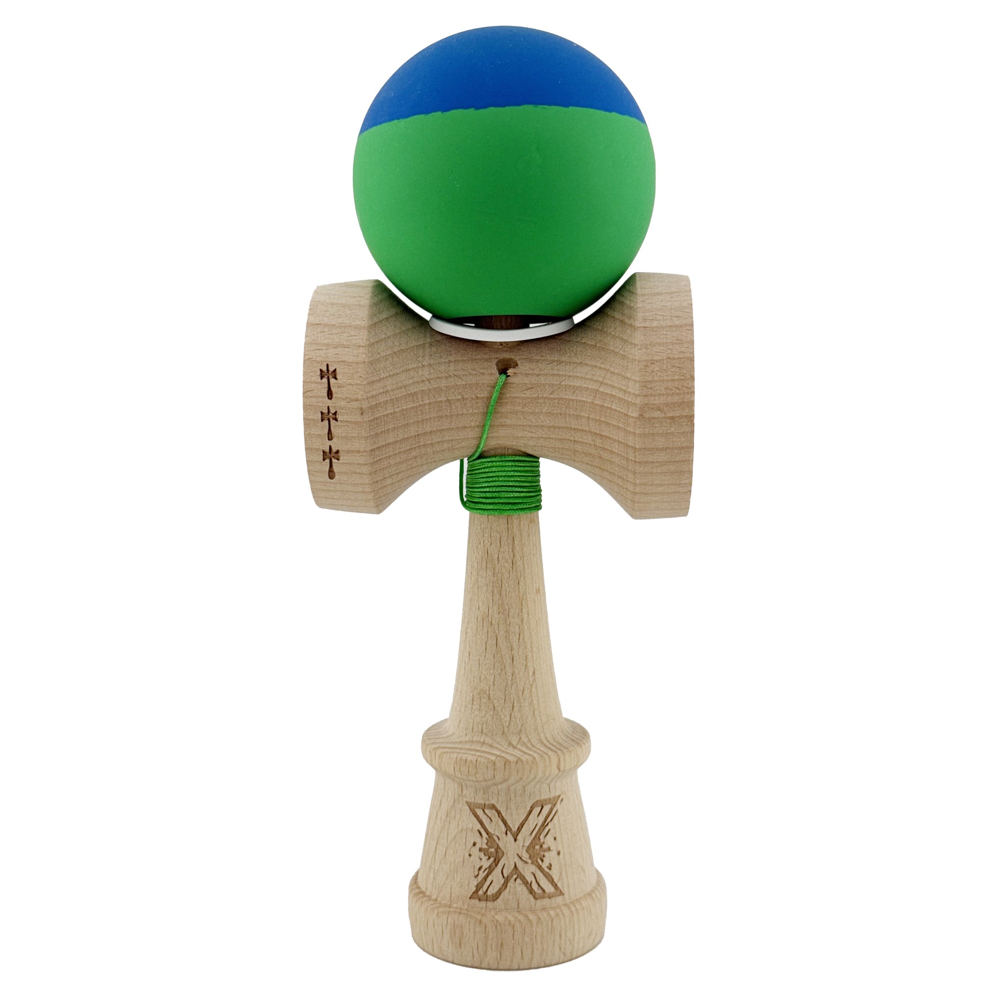 Kendama X Originala, Profesionala, Flippy, Rubber Grip, Cupe Mari KING SIZE V3, Gaura in Baza, Rulment Metalic, din lemn 18 cm, Ata 62/65 cm, Bicolor Albastru/Verde
