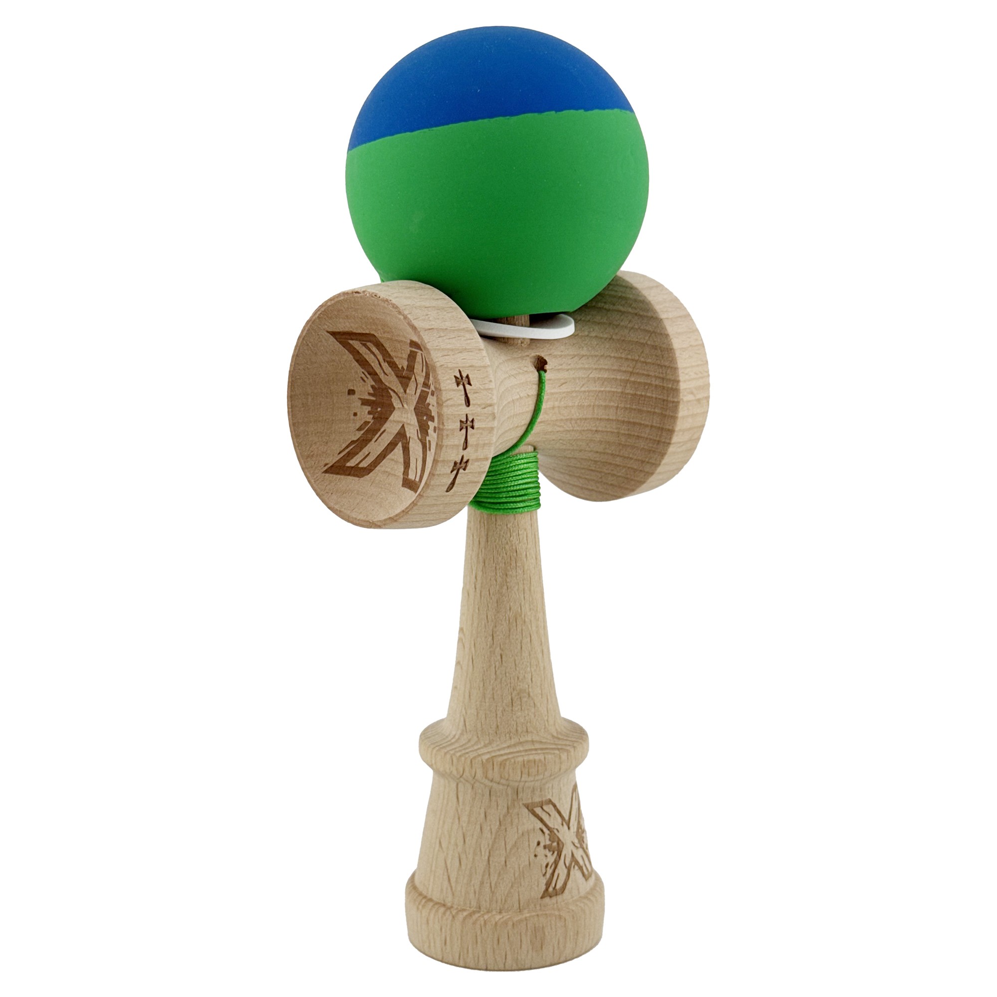 Kendama X Originala, Profesionala, Flippy, Rubber Grip, Cupe Mari KING SIZE V3, Gaura in Baza, Rulment Metalic, din lemn 18 cm, Ata 62/65 cm, Bicolor Albastru/Verde
