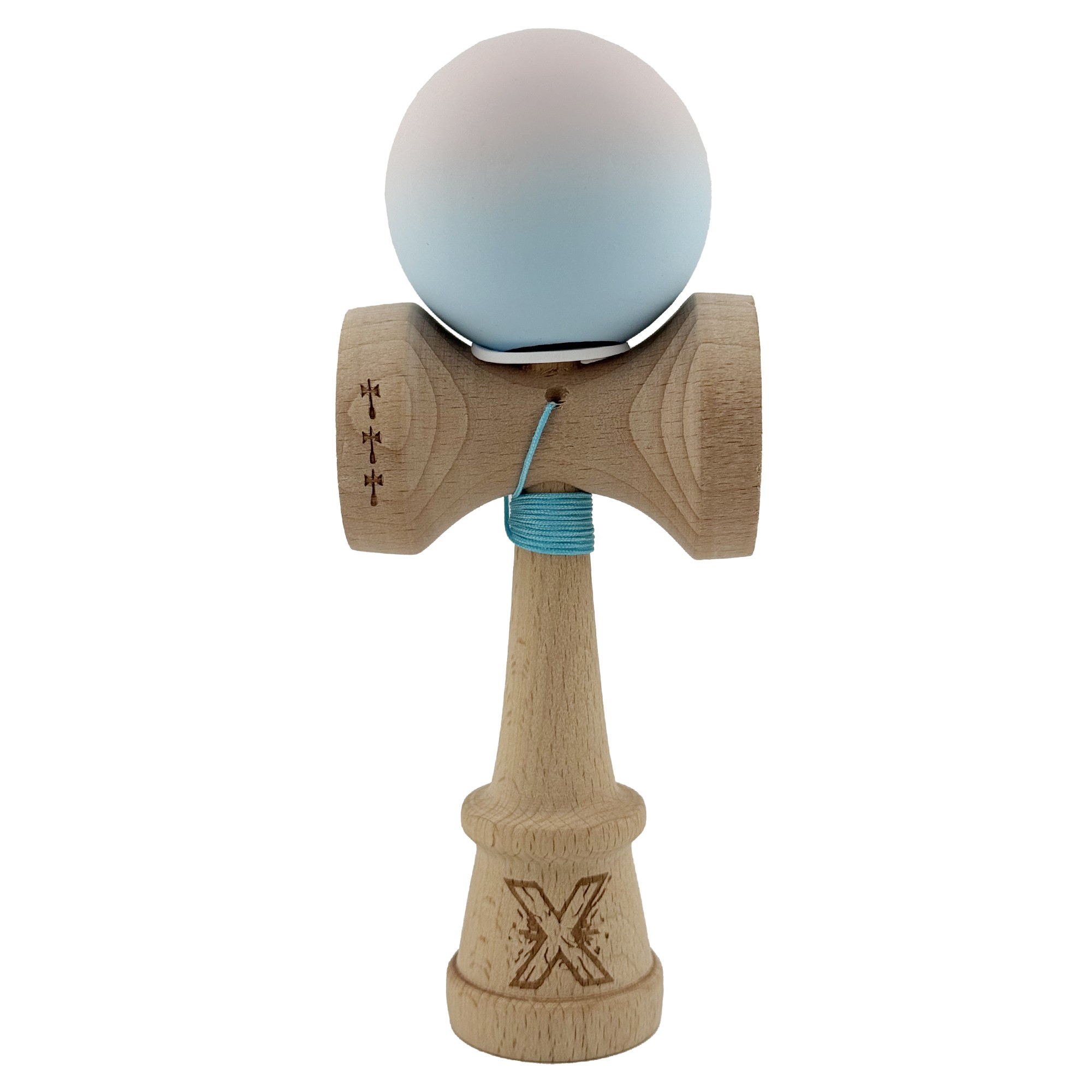 Kendama X Originala, Profesionala, Flippy, Rubber Grip, Cupe Mari KING SIZE V3, Gaura in Baza, Rulment Metalic, din lemn 18 cm, Ata 62/65 cm, Gradient Lila/Turcoaz