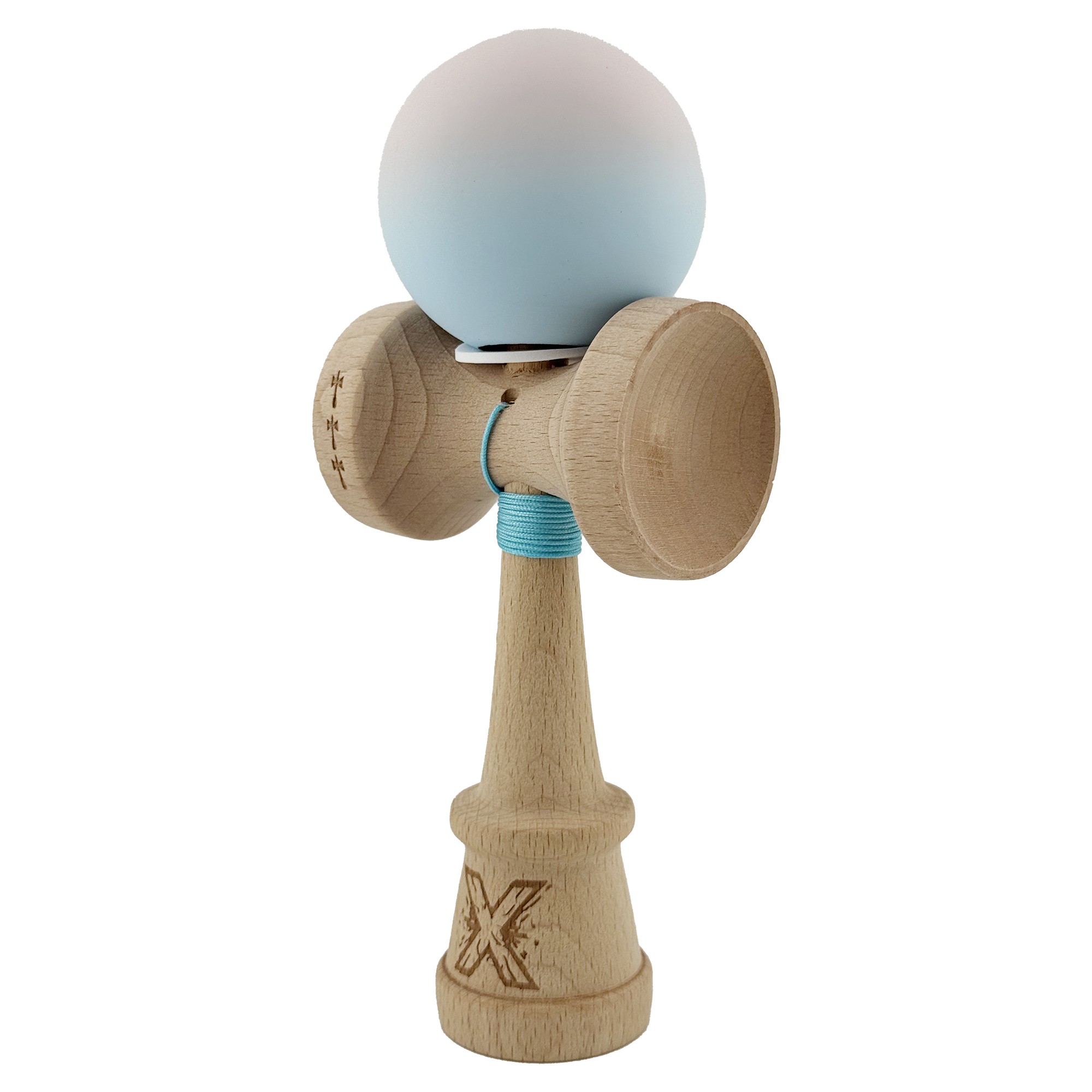 Kendama X Originala, Profesionala, Flippy, Rubber Grip, Cupe Mari KING SIZE V3, Gaura in Baza, Rulment Metalic, din lemn 18 cm, Ata 62/65 cm, Gradient Lila/Turcoaz