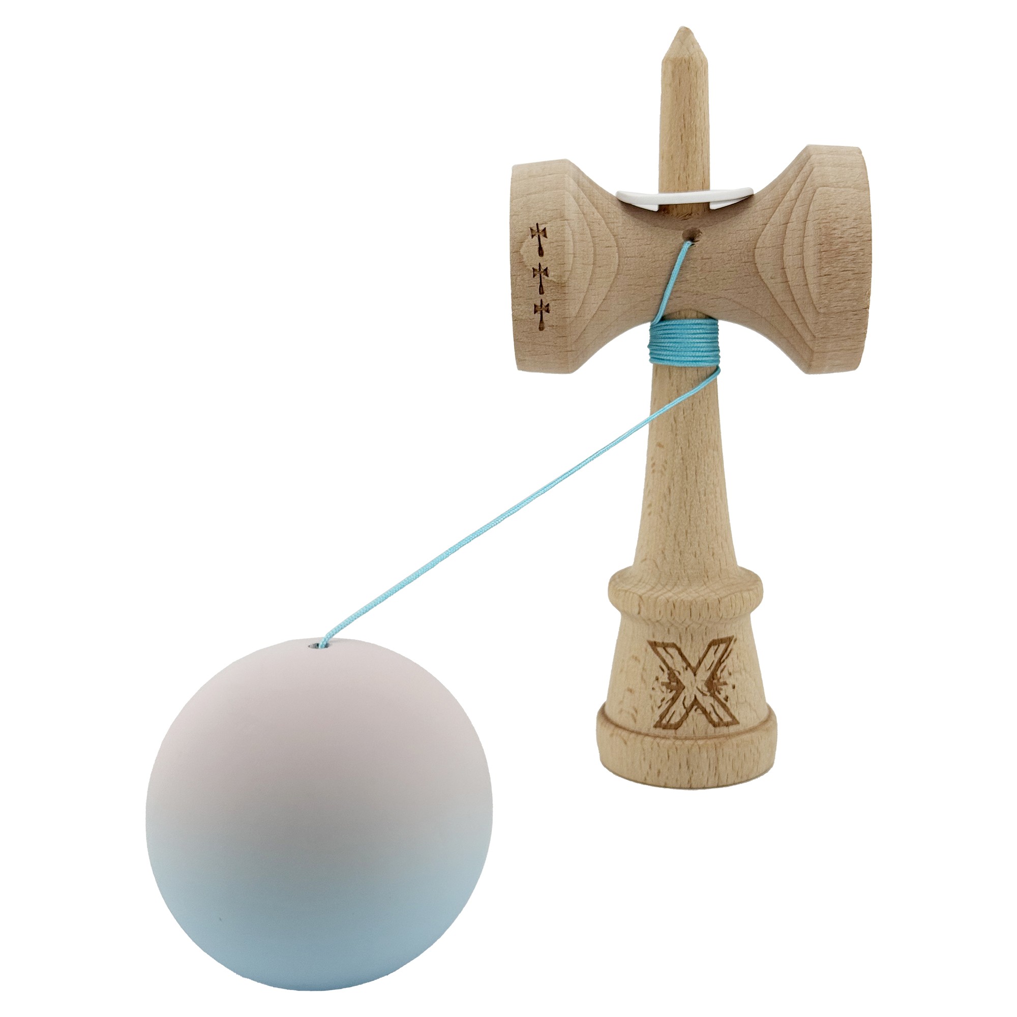 Kendama X Originala, Profesionala, Flippy, Rubber Grip, Cupe Mari KING SIZE V3, Gaura in Baza, Rulment Metalic, din lemn 18 cm, Ata 62/65 cm, Gradient Lila/Turcoaz