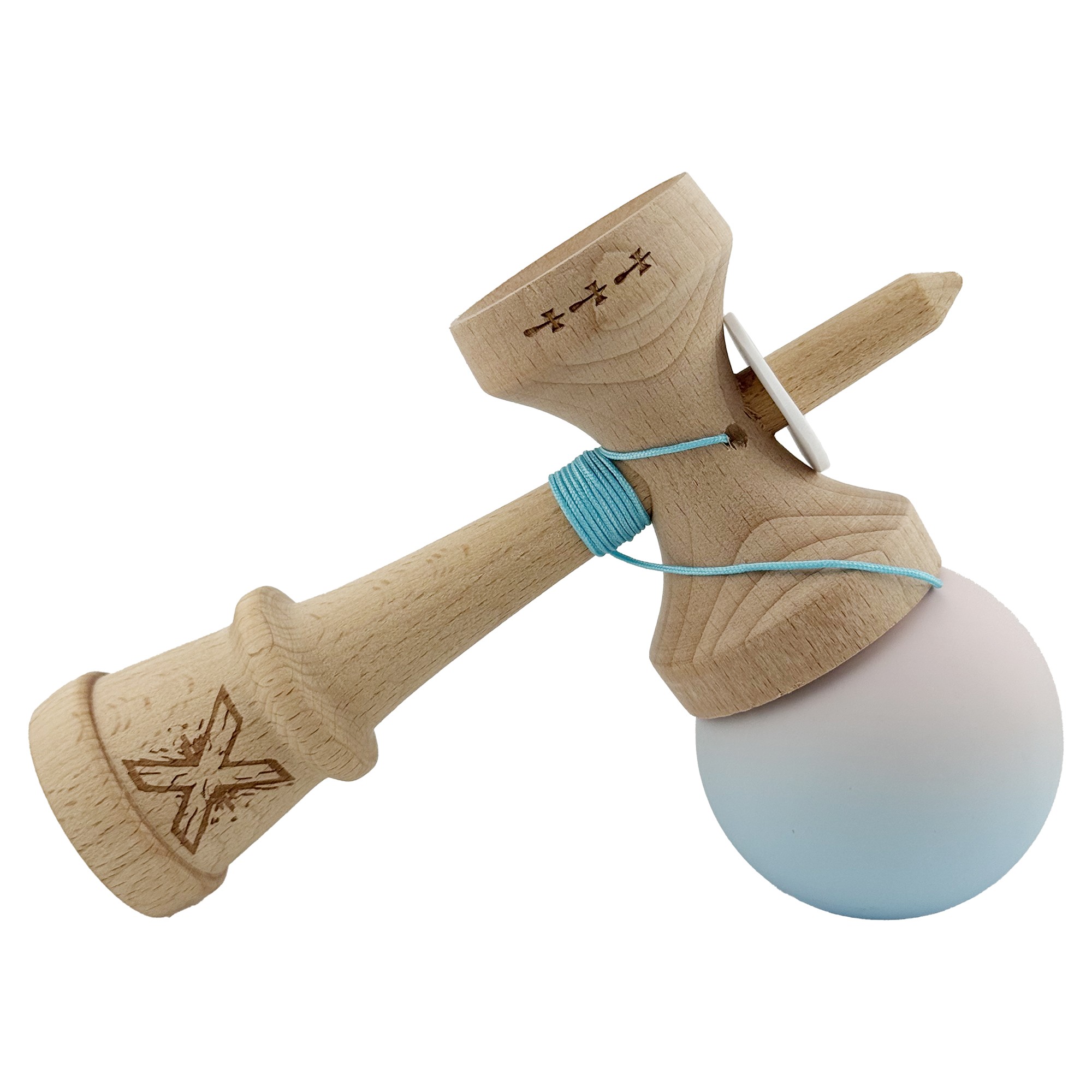 Kendama X Originala, Profesionala, Flippy, Rubber Grip, Cupe Mari KING SIZE V3, Gaura in Baza, Rulment Metalic, din lemn 18 cm, Ata 62/65 cm, Gradient Lila/Turcoaz