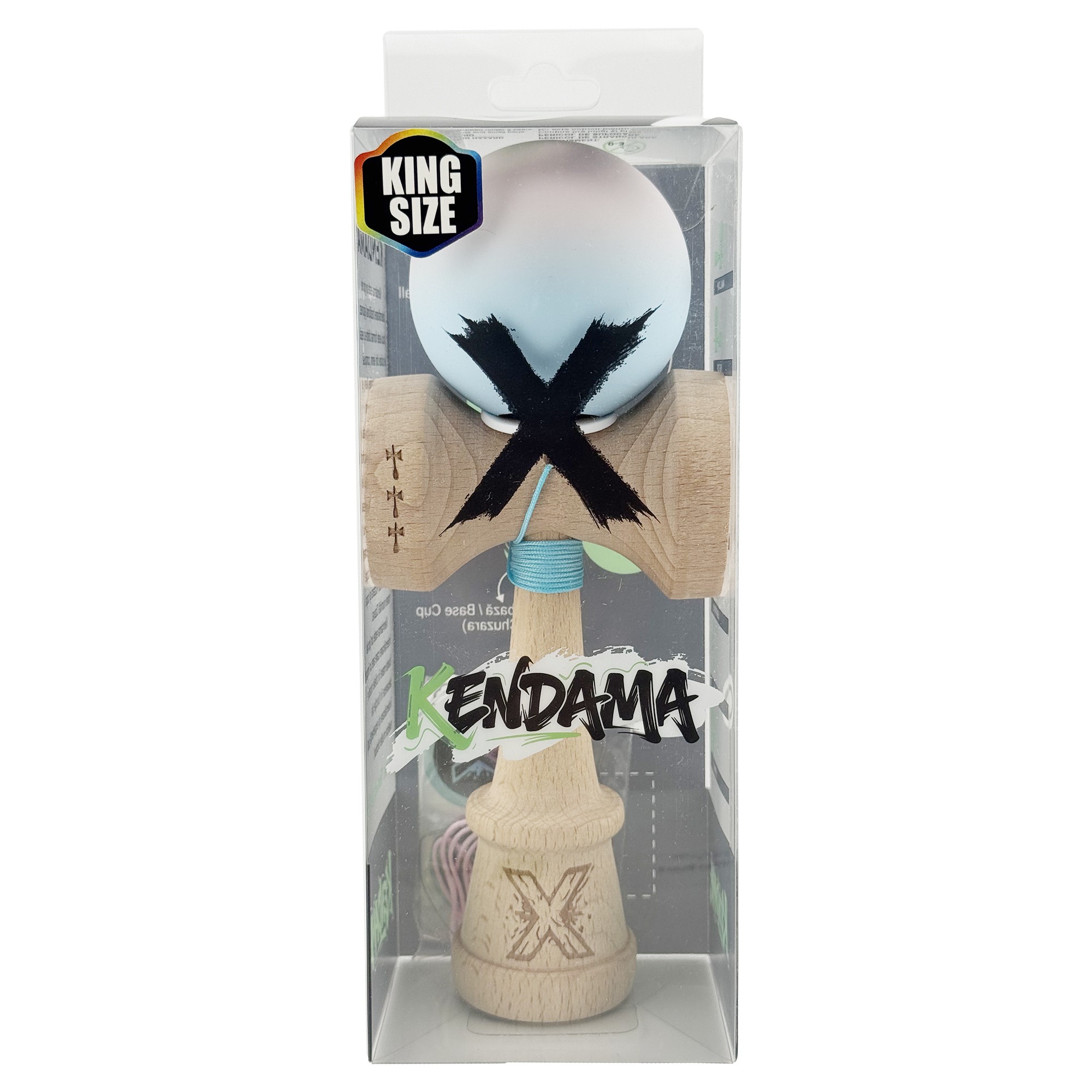 Kendama X Originala, Profesionala, Flippy, Rubber Grip, Cupe Mari KING SIZE V3, Gaura in Baza, Rulment Metalic, din lemn 18 cm, Ata 62/65 cm, Gradient Lila/Turcoaz