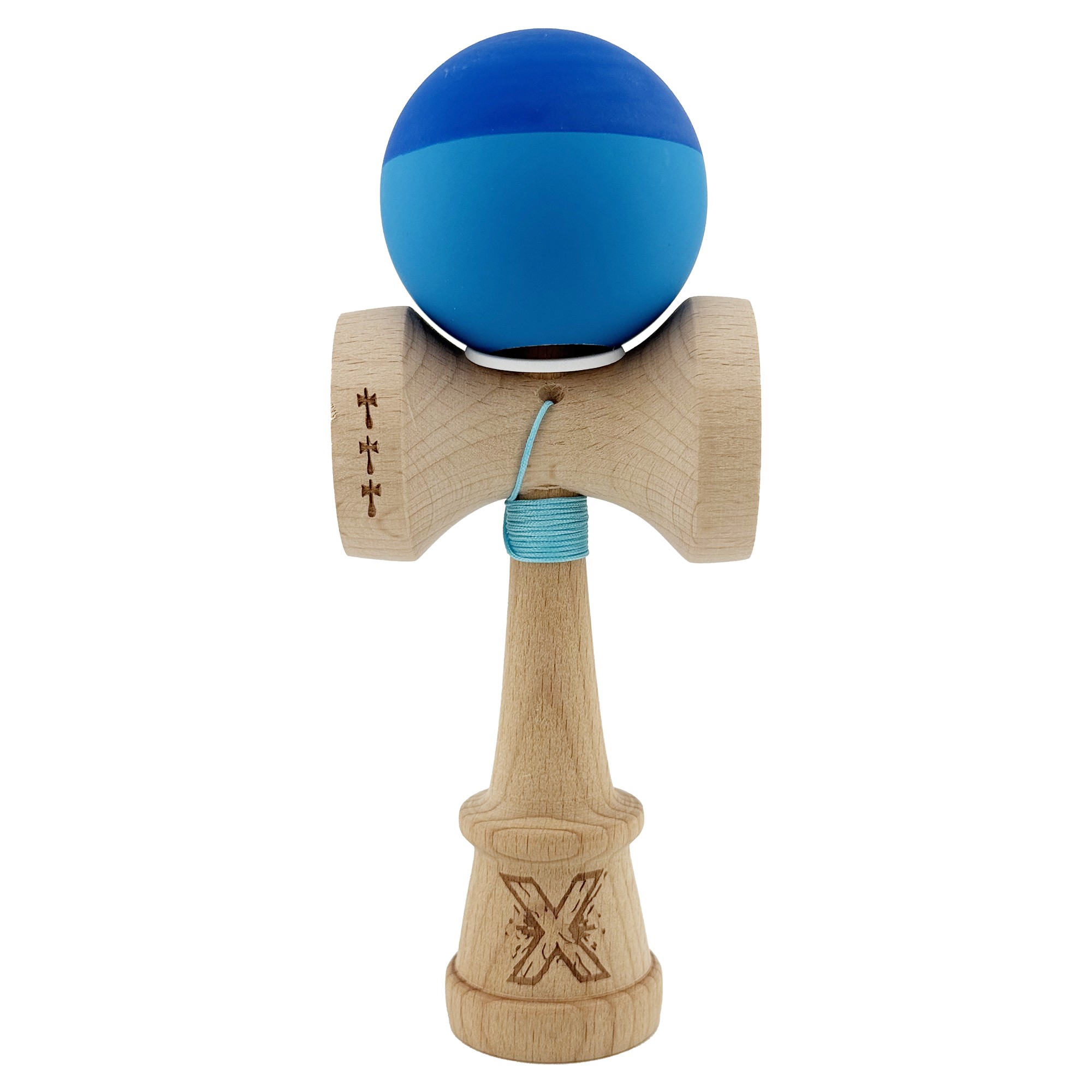 Kendama X Originala, Profesionala, Flippy, Rubber Grip, Cupe Mari KING SIZE V3, Gaura in Baza, Rulment Metalic, din lemn 18 cm, Ata 62/65 cm, Bicolor Albastru/Albastru deschis