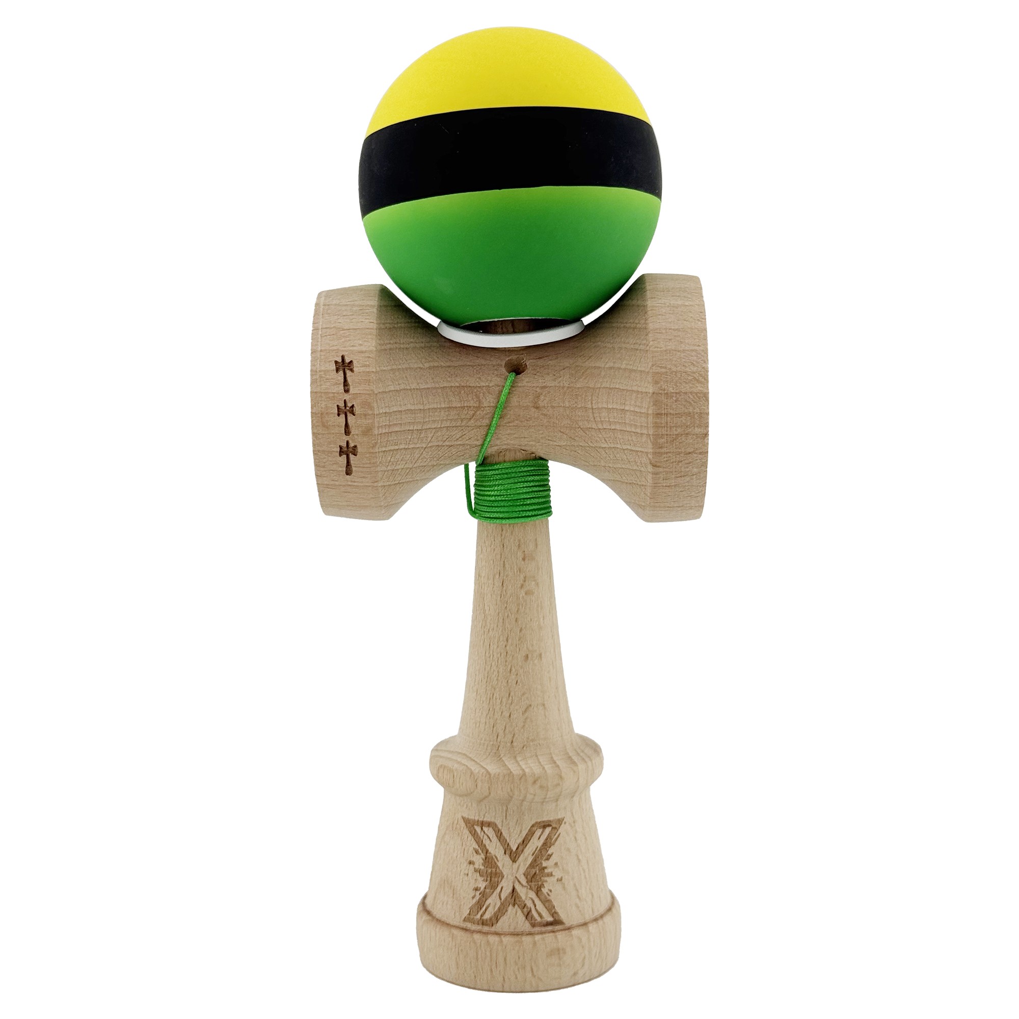 Kendama X Originala, Profesionala, Flippy, Cupe Mari KING SIZE V3, Rubber Grip, Gaura in Baza, Rulment Metalic, din lemn 18 cm, Ata 55 cm, M Galben/Negru/Verde