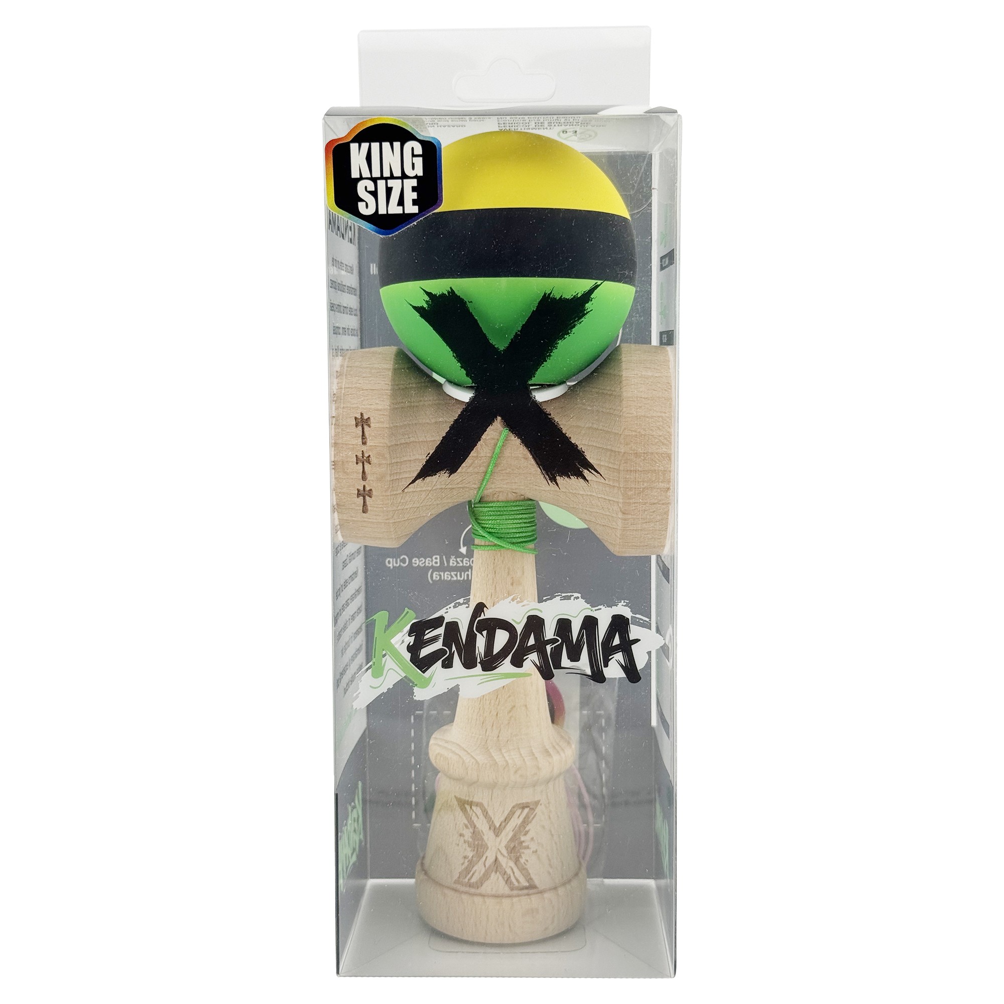 Kendama X Originala, Profesionala, Flippy, Cupe Mari KING SIZE V3, Rubber Grip, Gaura in Baza, Rulment Metalic, din lemn 18 cm, Ata 55 cm, M Galben/Negru/Verde