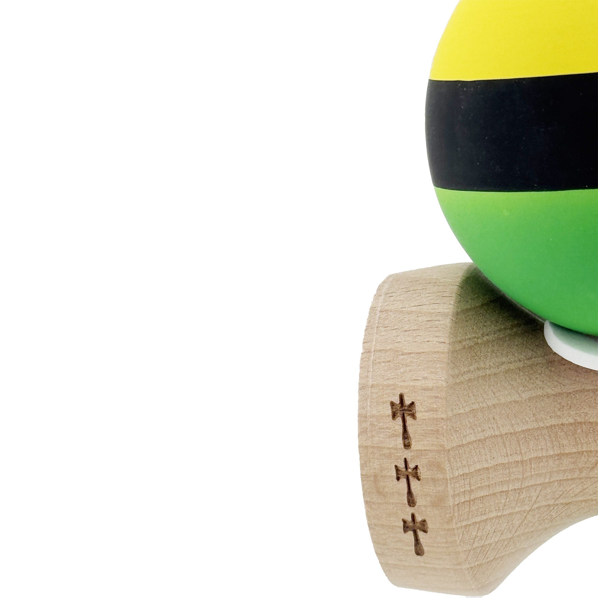 Kendama X Originala, Profesionala, Flippy, Cupe Mari KING SIZE V3, Rubber Grip, Gaura in Baza, Rulment Metalic, din lemn 18 cm, Ata 55 cm, M Galben/Negru/Verde