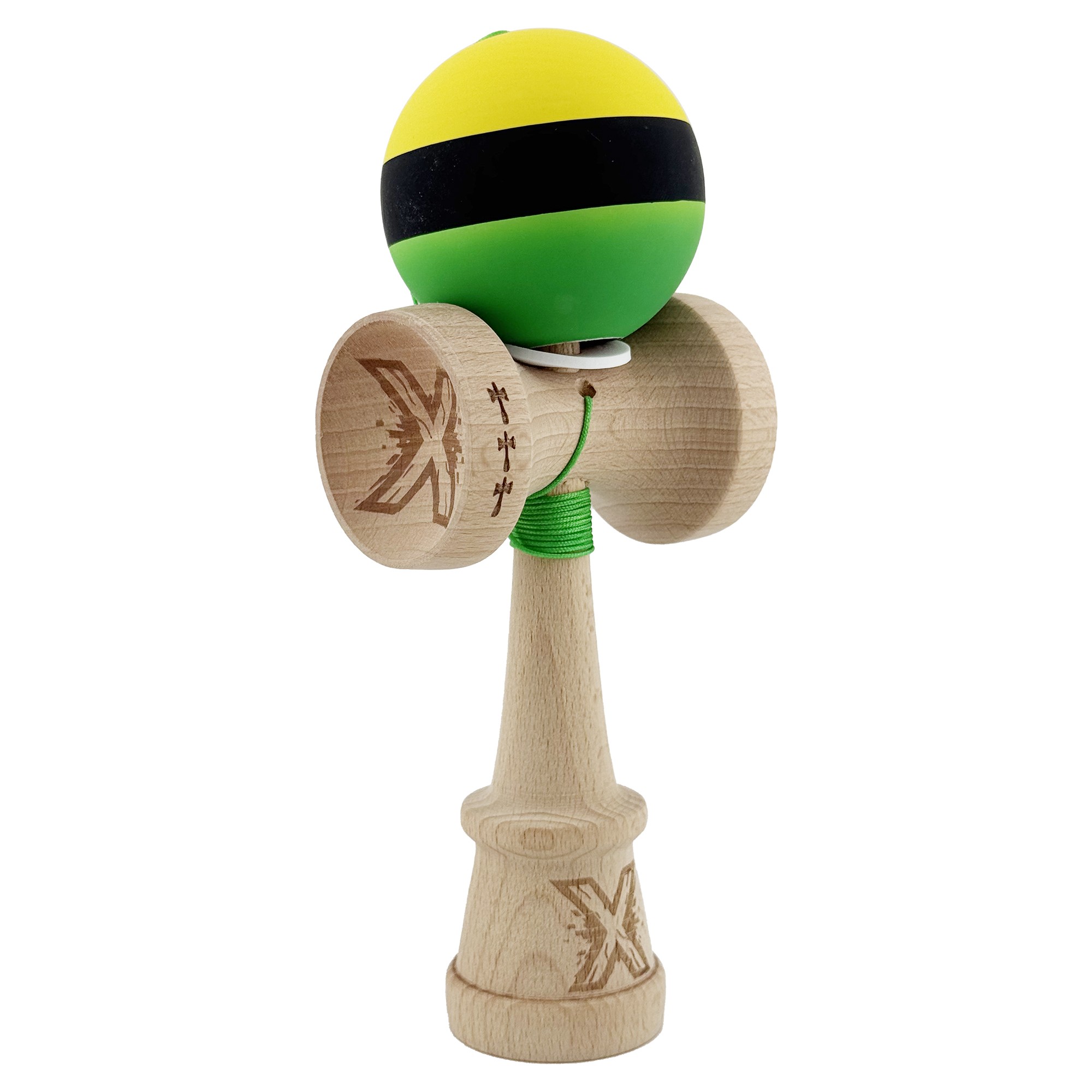 Kendama X Originala, Profesionala, Flippy, Cupe Mari KING SIZE V3, Rubber Grip, Gaura in Baza, Rulment Metalic, din lemn 18 cm, Ata 55 cm, M Galben/Negru/Verde