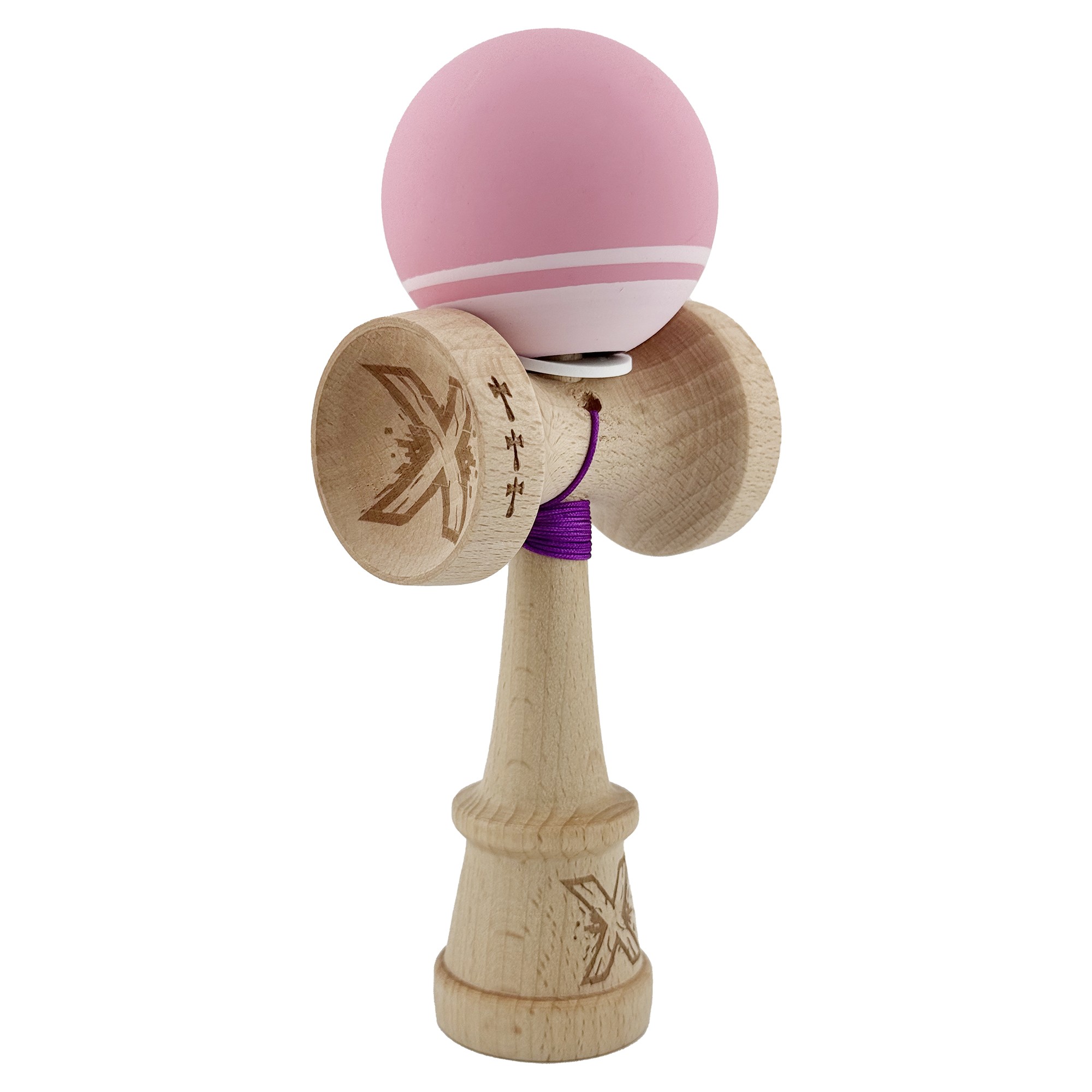 Kendama Rubber Grip V3 Cupe Mari - Kendama X Originala, Profesionala, Flippy, Rubber Grip, Cupe Mari KING SIZE V3, Gaura in Baza, Rulment Metalic, din lemn 18 cm, Ata 62/65 cm, Bicolor Roz/Roz deschis