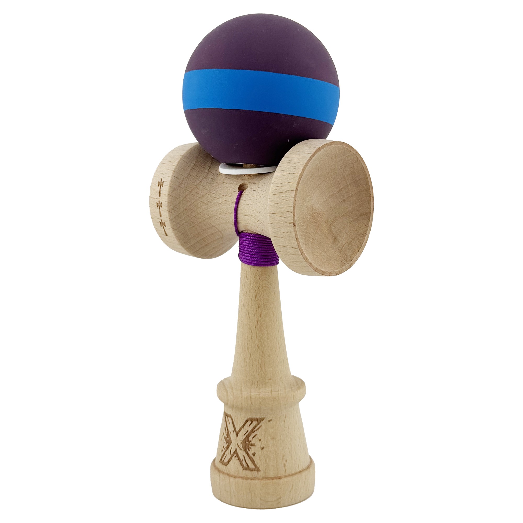 Kendama X Originala, Profesionala, Flippy, Cupe Mari KING SIZE V3, Rubber Grip, Gaura in Baza, Rulment Metalic, din lemn 18 cm, Ata 62/65 cm, M Mov/Albastru/Mov