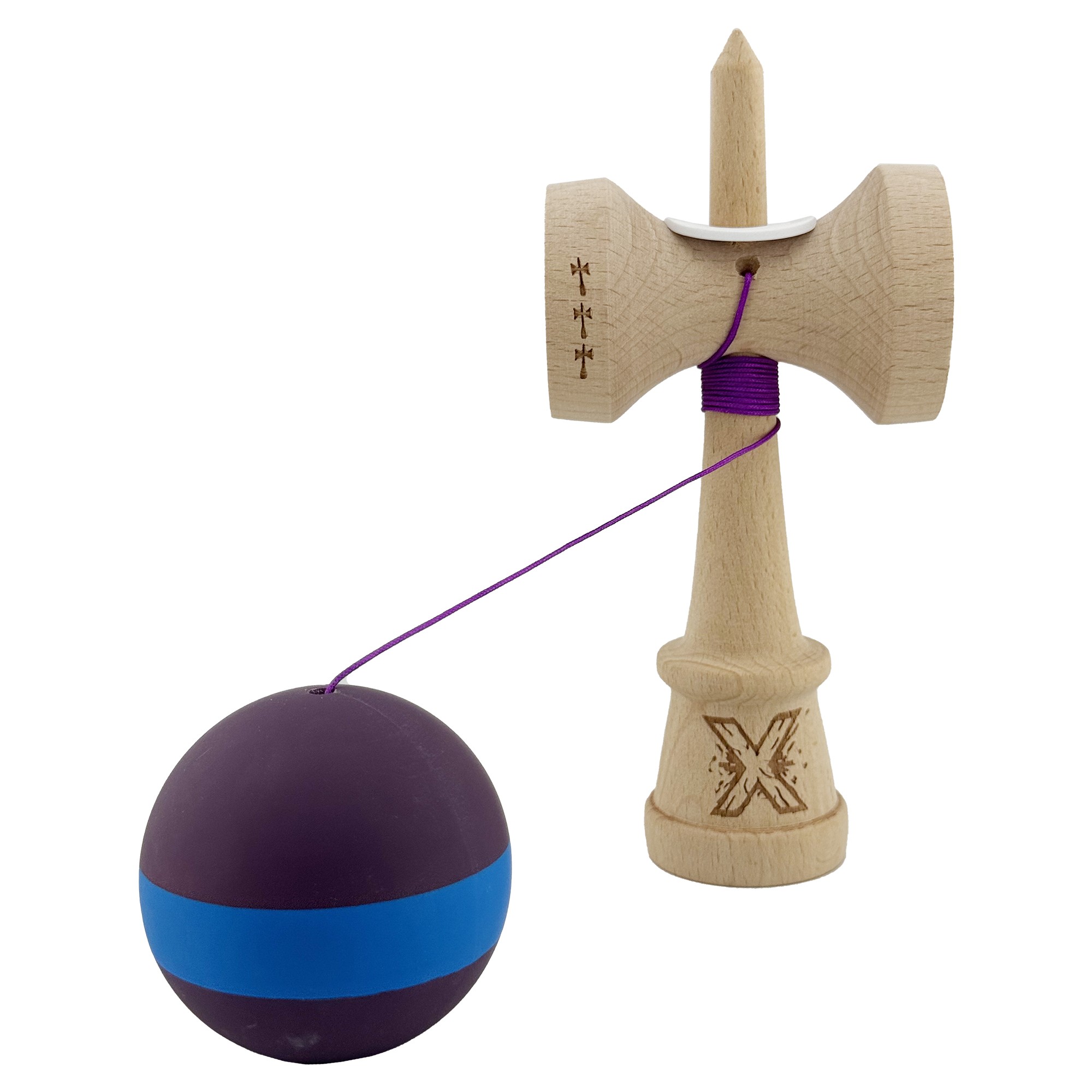 Kendama X Originala, Profesionala, Flippy, Cupe Mari KING SIZE V3, Rubber Grip, Gaura in Baza, Rulment Metalic, din lemn 18 cm, Ata 62/65 cm, M Mov/Albastru/Mov
