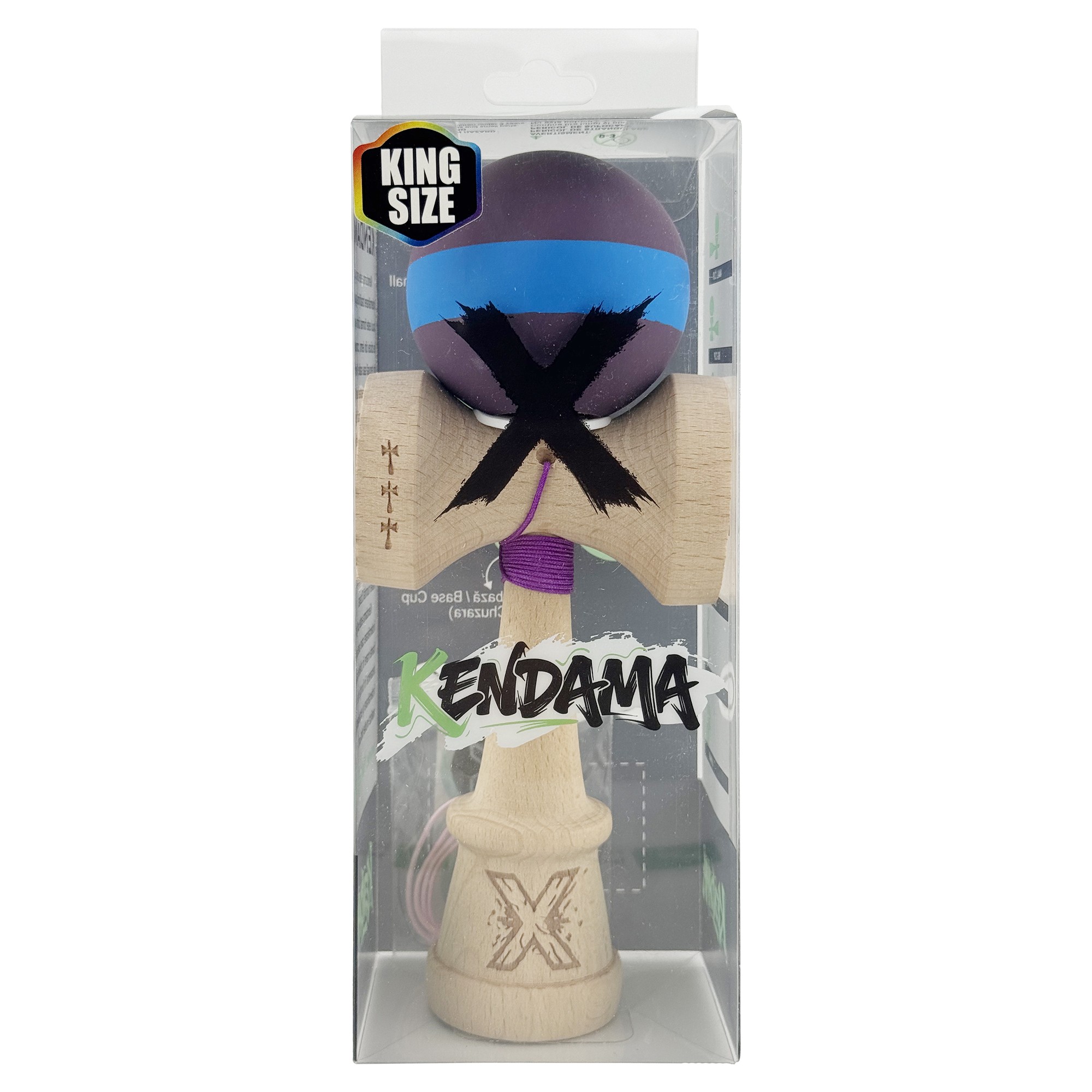 Kendama X Originala, Profesionala, Flippy, Cupe Mari KING SIZE V3, Rubber Grip, Gaura in Baza, Rulment Metalic, din lemn 18 cm, Ata 62/65 cm, M Mov/Albastru/Mov