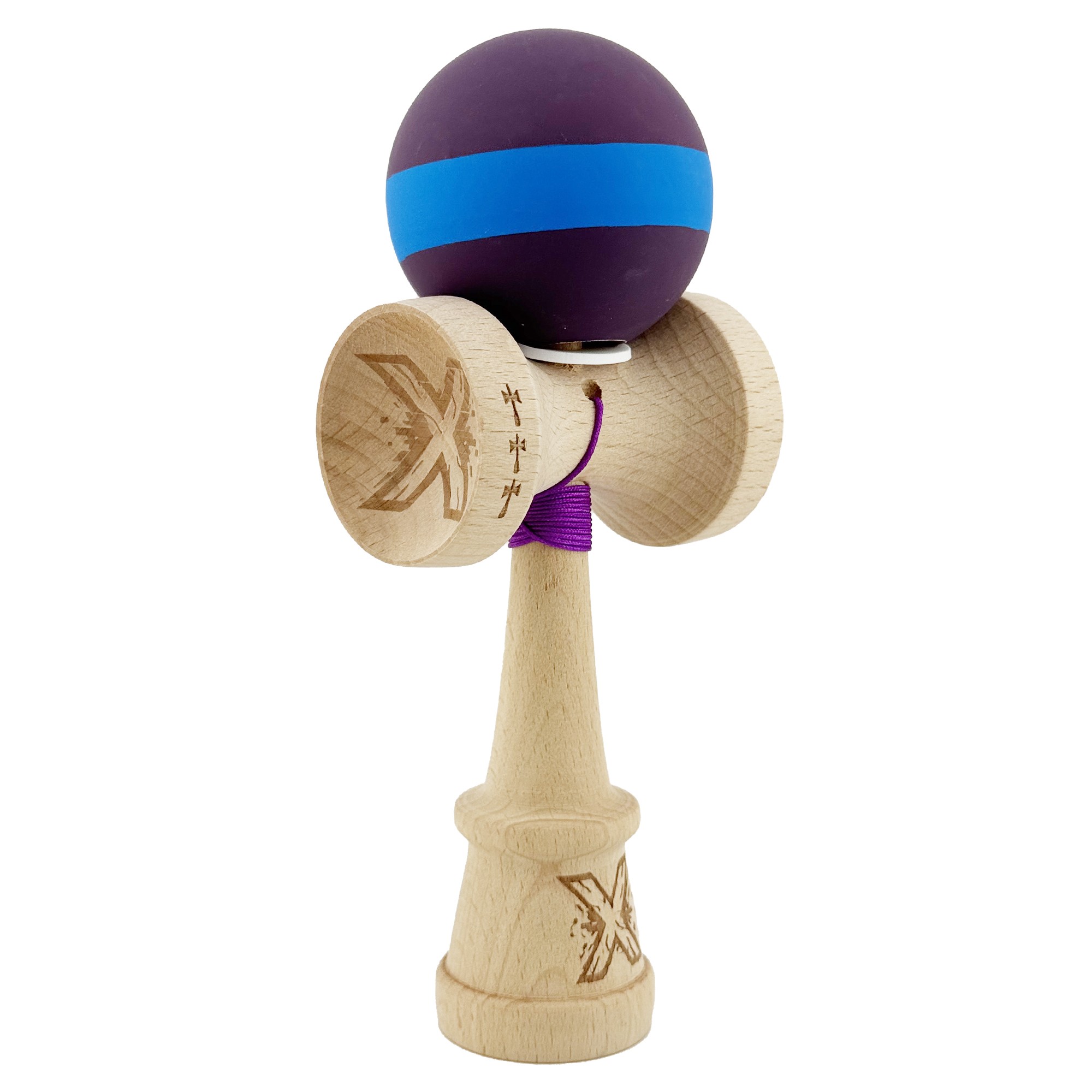 Kendama X Originala, Profesionala, Flippy, Cupe Mari KING SIZE V3, Rubber Grip, Gaura in Baza, Rulment Metalic, din lemn 18 cm, Ata 62/65 cm, M Mov/Albastru/Mov