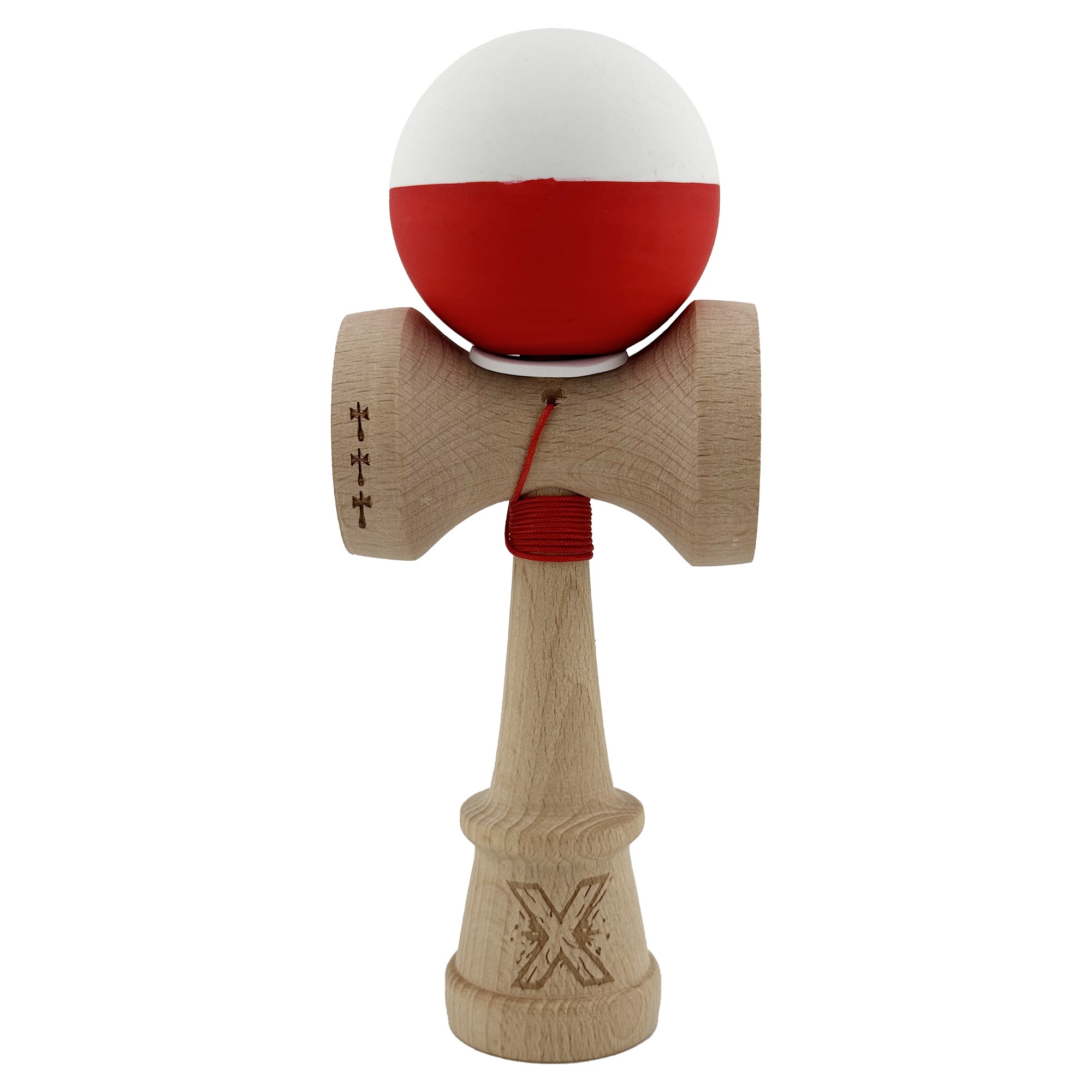 Kendama X Originala, Profesionala, Flippy, Rubber Grip, Cupe Mari KING SIZE V3, Gaura in Baza, Rulment Metalic, din lemn 18 cm, Ata 62/65 cm, Bicolor Alb/Rosu