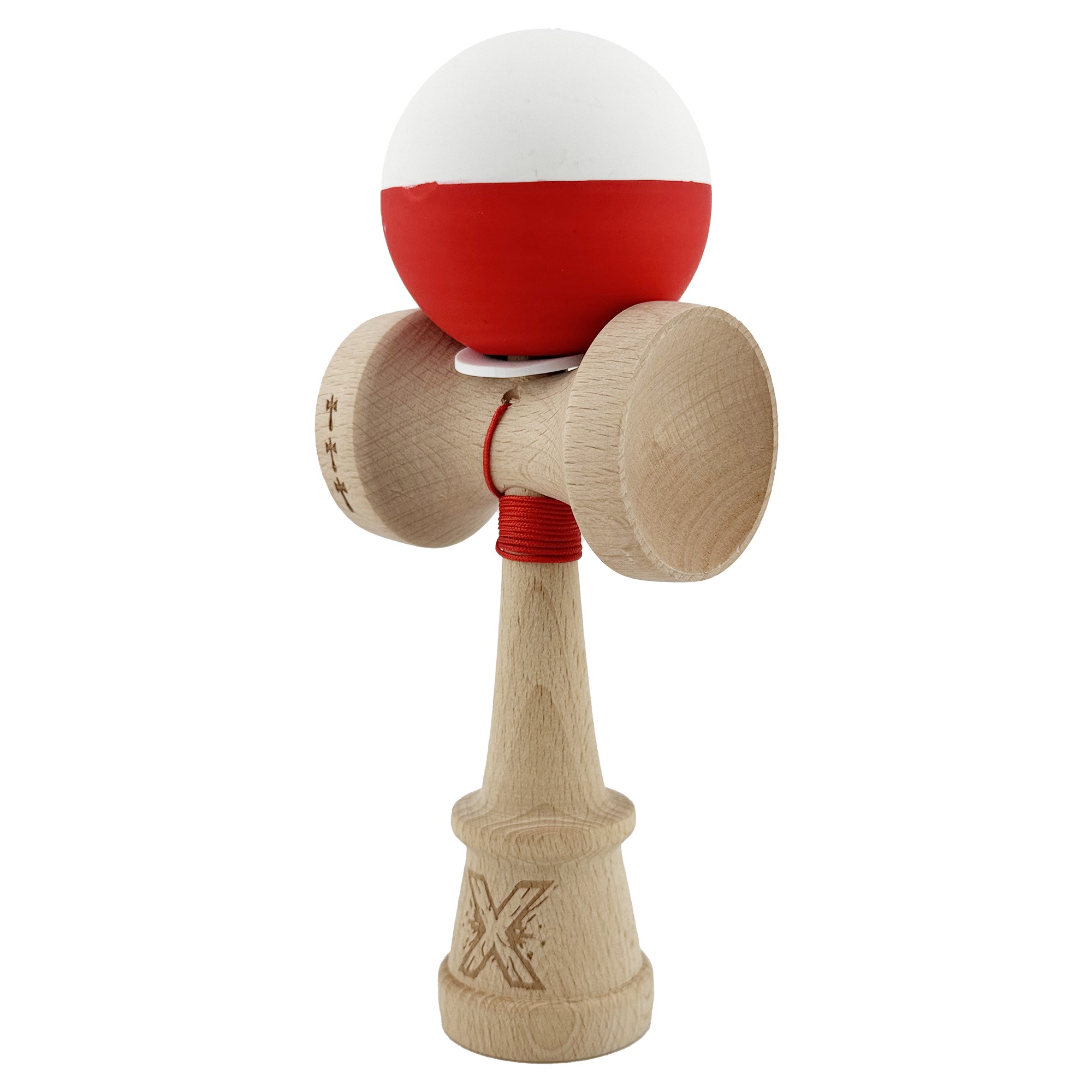 Kendama X Originala, Profesionala, Flippy, Rubber Grip, Cupe Mari KING SIZE V3, Gaura in Baza, Rulment Metalic, din lemn 18 cm, Ata 62/65 cm, Bicolor Alb/Rosu