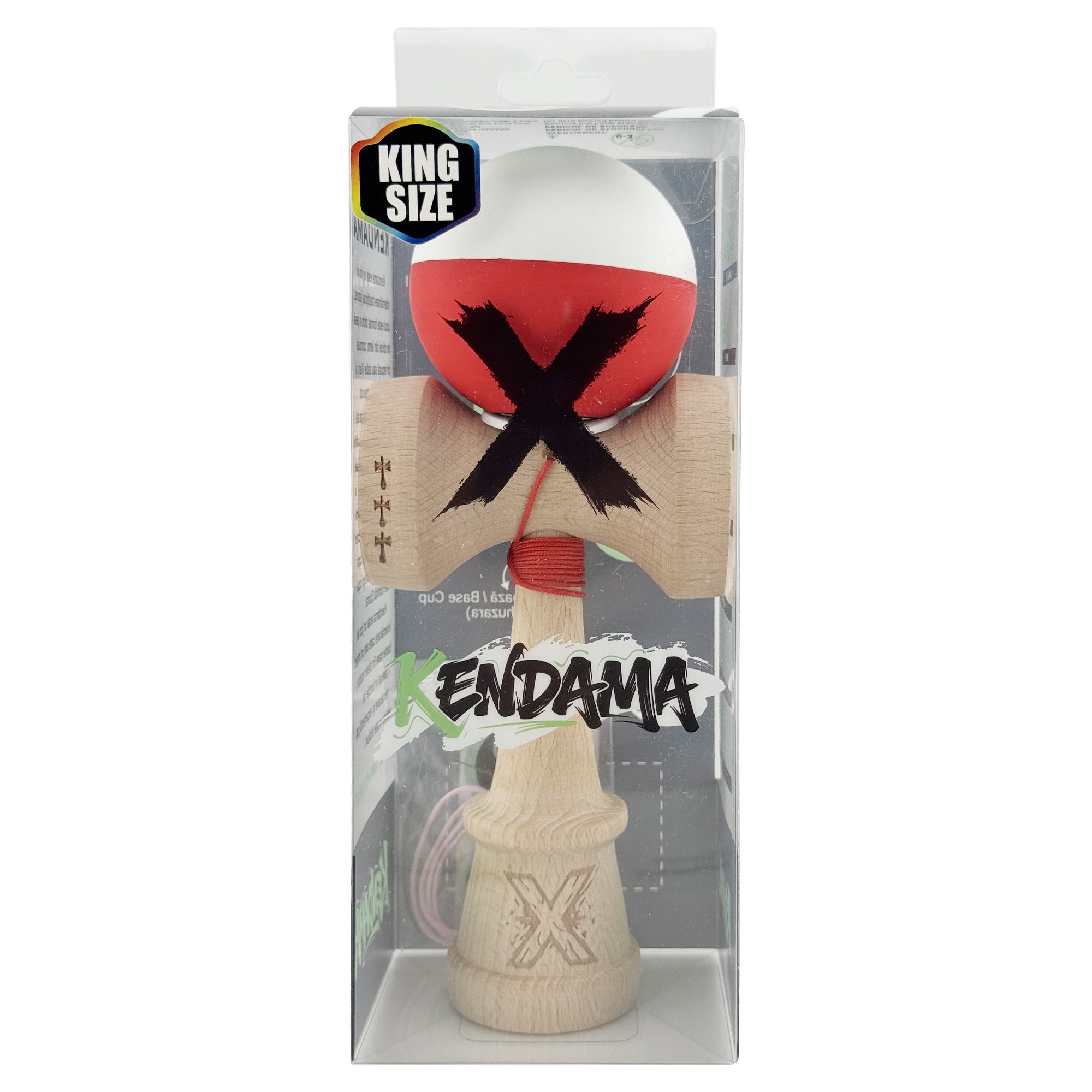 Kendama X Originala, Profesionala, Flippy, Rubber Grip, Cupe Mari KING SIZE V3, Gaura in Baza, Rulment Metalic, din lemn 18 cm, Ata 62/65 cm, Bicolor Alb/Rosu
