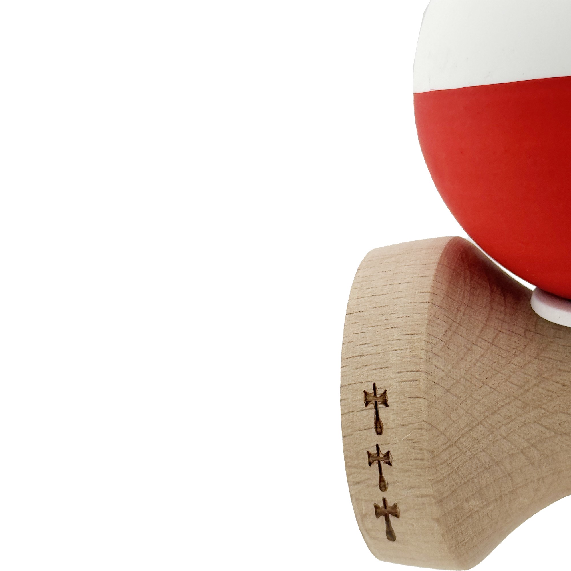 Kendama X Originala, Profesionala, Flippy, Rubber Grip, Cupe Mari KING SIZE V3, Gaura in Baza, Rulment Metalic, din lemn 18 cm, Ata 62/65 cm, Bicolor Alb/Rosu