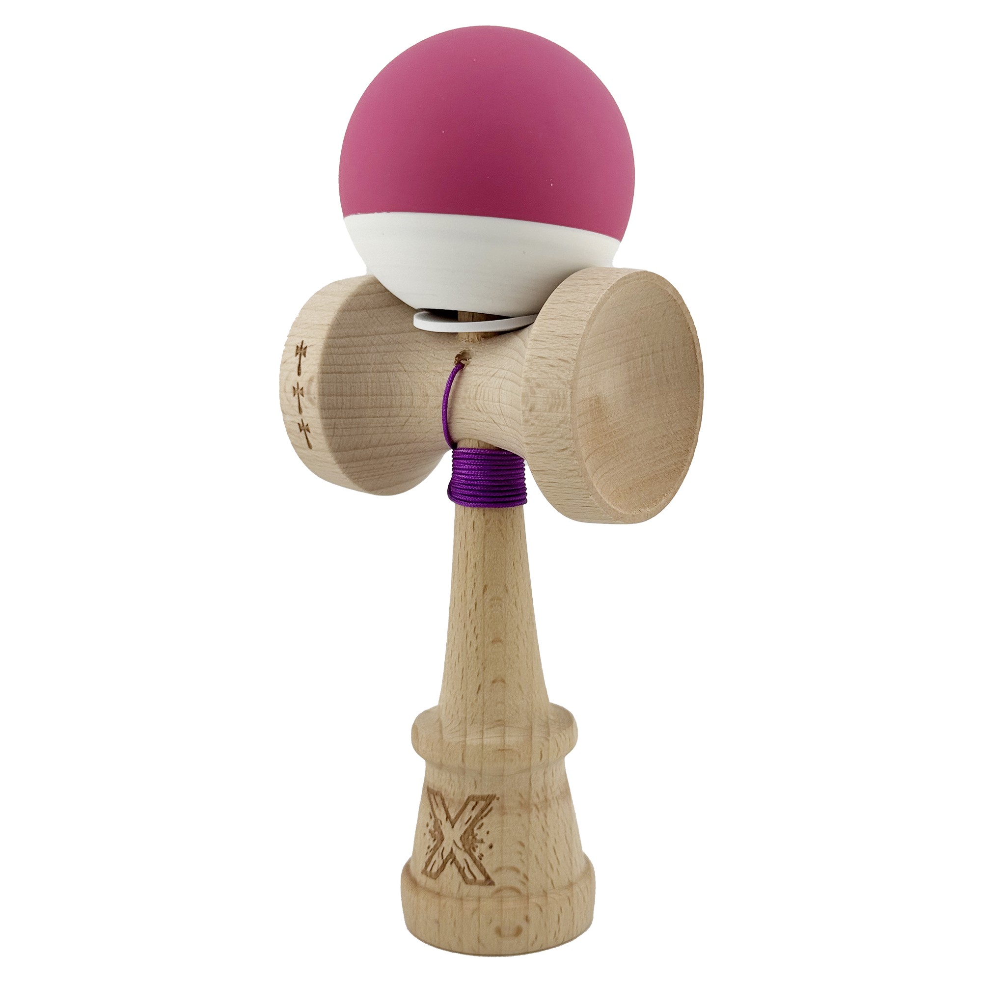 Kendama X Originala, Profesionala, Flippy, Rubber Grip, Cupe Mari KING SIZE V3, Gaura in Baza, Rulment Metalic, din lemn 18 cm, Ata 62/65 cm, Bicolor Roz inchis/Alb