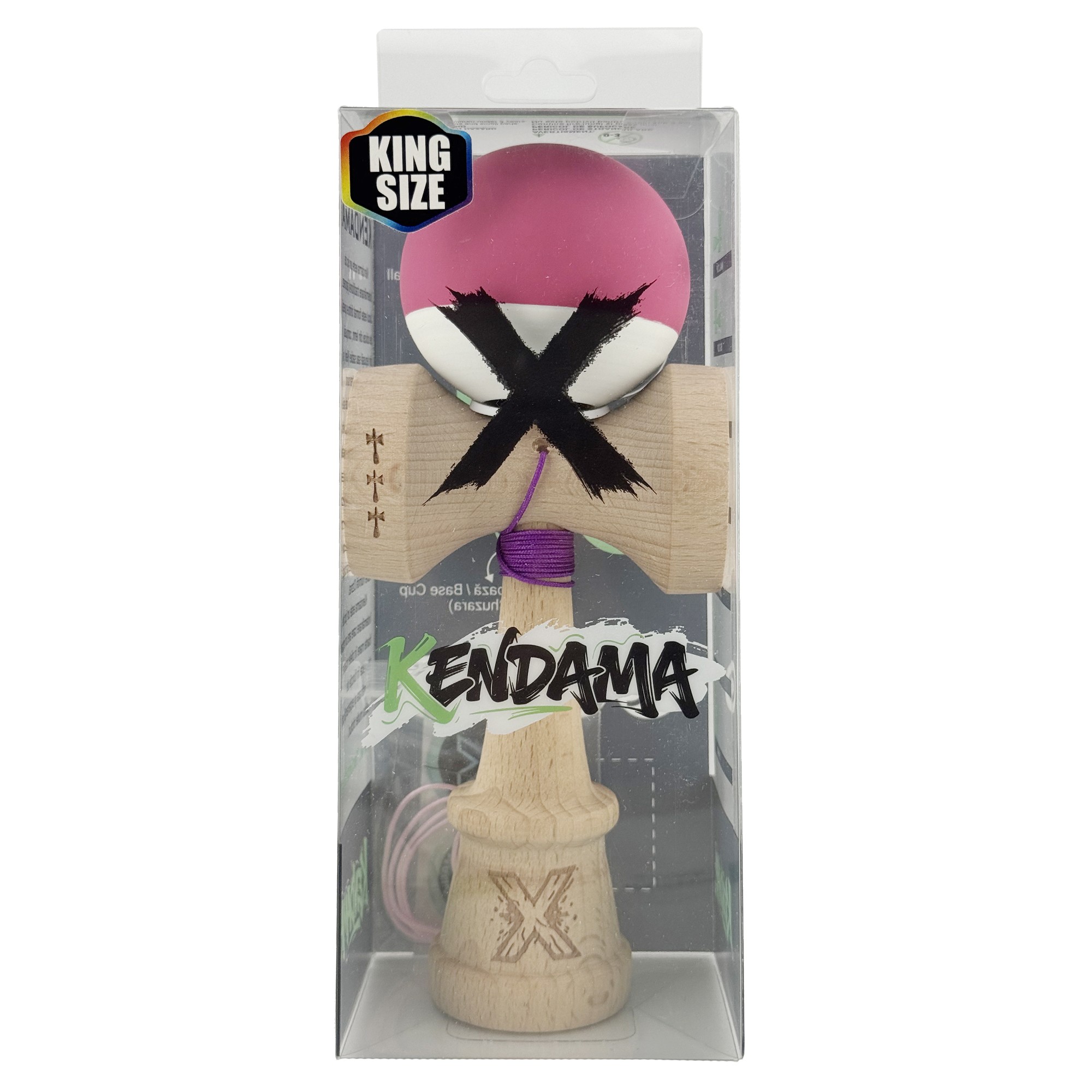 Kendama X Originala, Profesionala, Flippy, Rubber Grip, Cupe Mari KING SIZE V3, Gaura in Baza, Rulment Metalic, din lemn 18 cm, Ata 62/65 cm, Bicolor Roz inchis/Alb