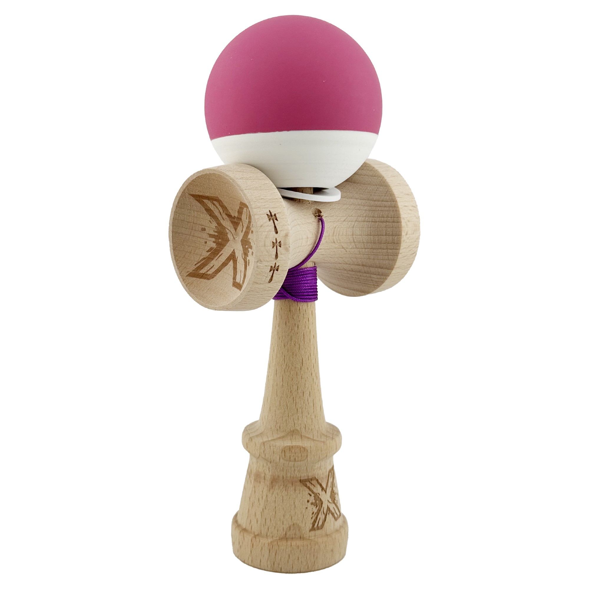 Kendama X Originala, Profesionala, Flippy, Rubber Grip, Cupe Mari KING SIZE V3, Gaura in Baza, Rulment Metalic, din lemn 18 cm, Ata 62/65 cm, Bicolor Roz inchis/Alb