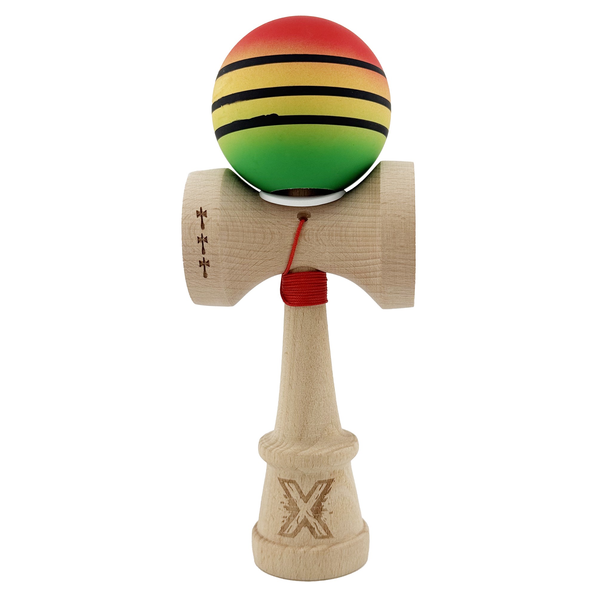 Kendama X Originala, Profesionala, Flippy, Rubber Grip, Cupe Mari KING SIZE V3, Gaura in Baza, Rulment Metalic, din lemn 18 cm, Ata 62/65 cm, Special Rosu/Galben/Verde