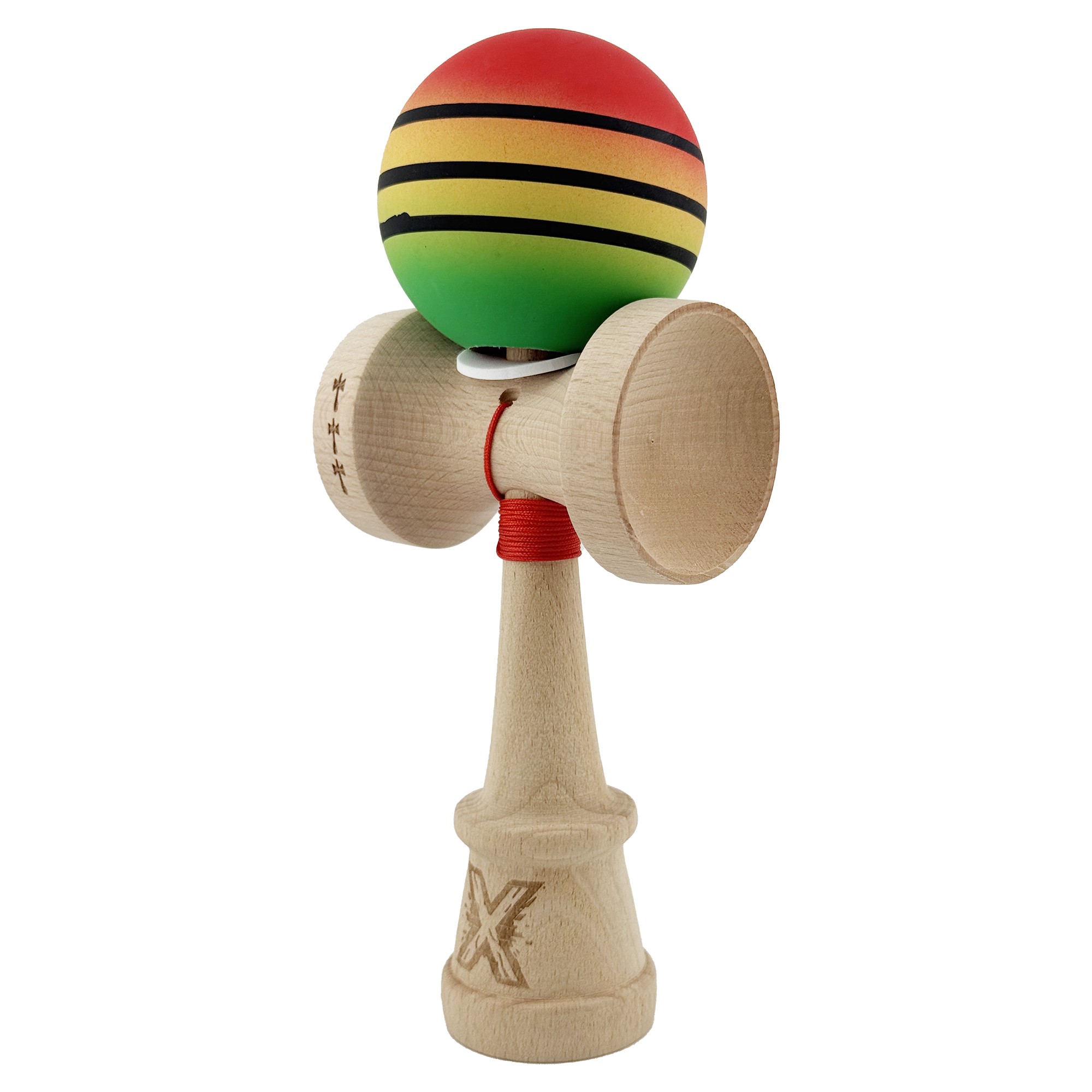 Kendama X Originala, Profesionala, Flippy, Rubber Grip, Cupe Mari KING SIZE V3, Gaura in Baza, Rulment Metalic, din lemn 18 cm, Ata 62/65 cm, Special Rosu/Galben/Verde