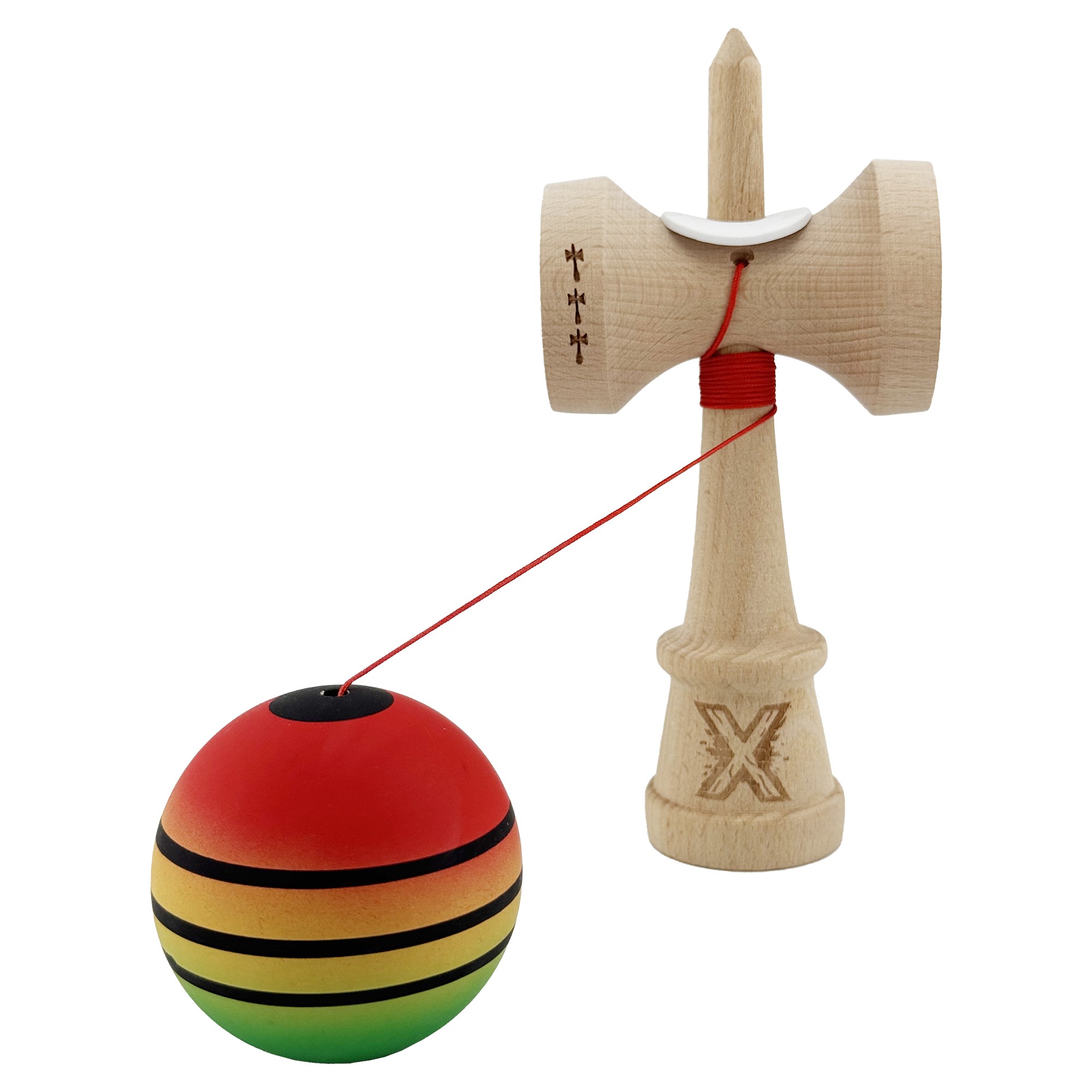 Kendama X Originala, Profesionala, Flippy, Rubber Grip, Cupe Mari KING SIZE V3, Gaura in Baza, Rulment Metalic, din lemn 18 cm, Ata 62/65 cm, Special Rosu/Galben/Verde