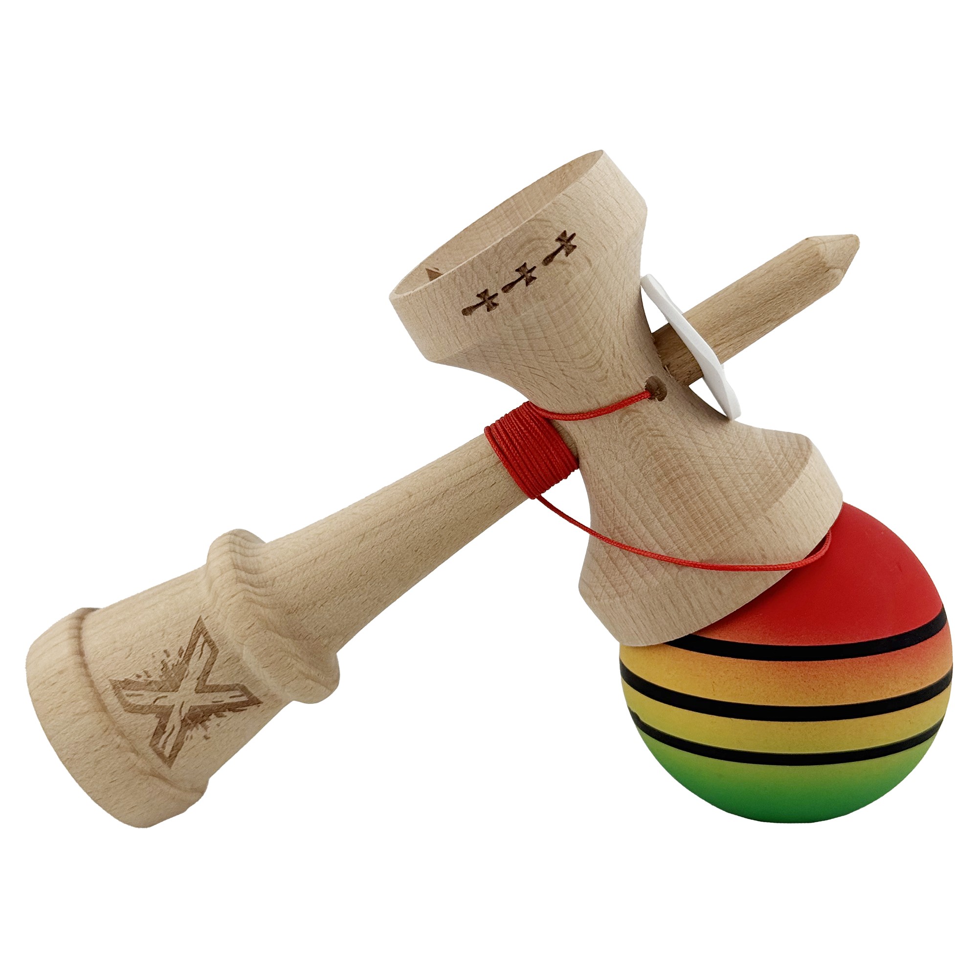 Kendama X Originala, Profesionala, Flippy, Rubber Grip, Cupe Mari KING SIZE V3, Gaura in Baza, Rulment Metalic, din lemn 18 cm, Ata 62/65 cm, Special Rosu/Galben/Verde