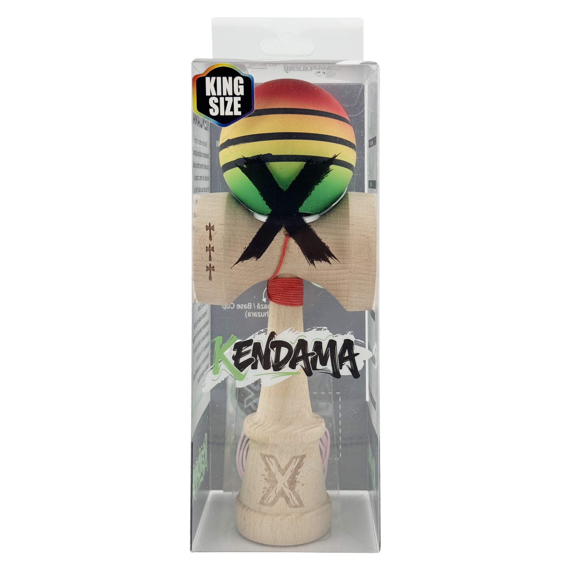 Kendama X Originala, Profesionala, Flippy, Rubber Grip, Cupe Mari KING SIZE V3, Gaura in Baza, Rulment Metalic, din lemn 18 cm, Ata 62/65 cm, Special Rosu/Galben/Verde